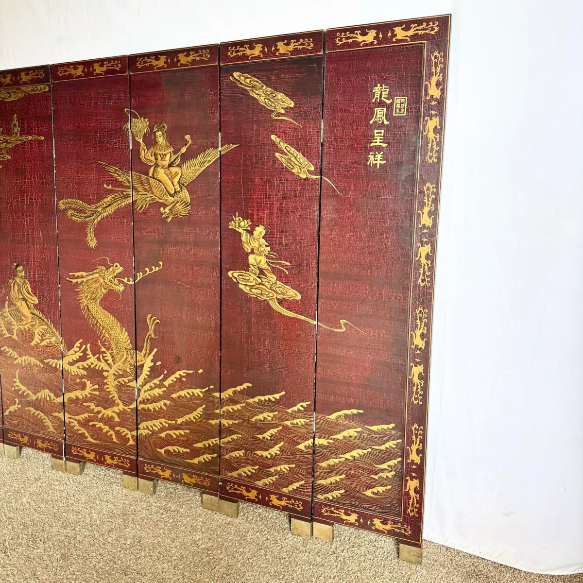 Chinese Hand Painted Gold a Red Crackle Finished 2 Sides Room Divider - 6 Panels - Dolphin & Flamingo
