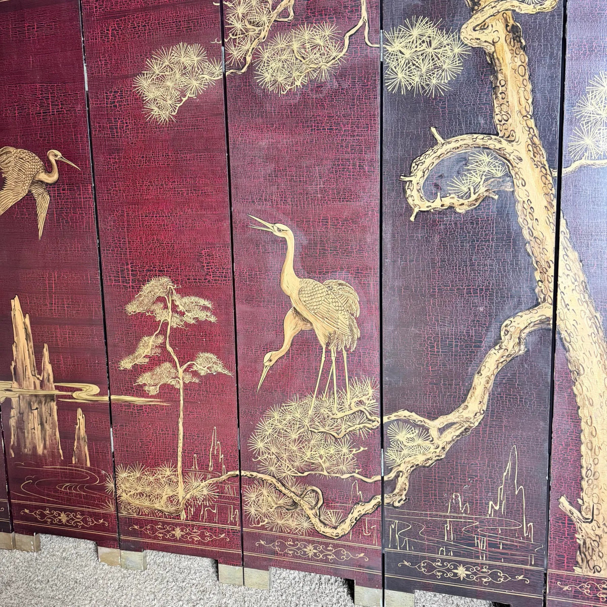 Chinese Hand Painted Gold a Red Crackle Finished 2 Sides Room Divider - 6 Panels - Dolphin & Flamingo