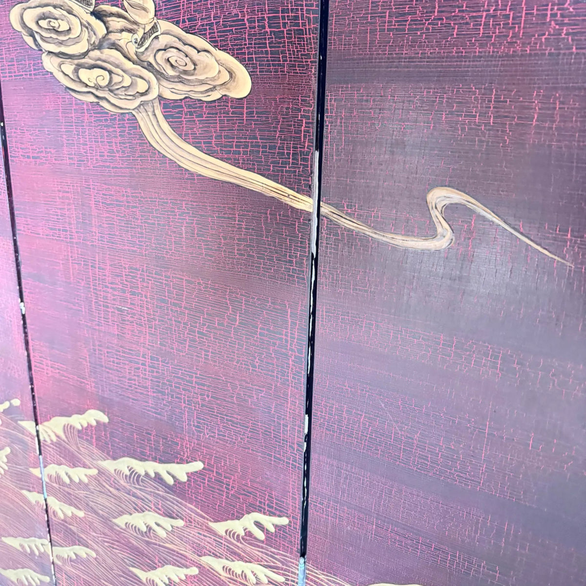 Chinese Hand Painted Gold a Red Crackle Finished 2 Sides Room Divider - 6 Panels - Dolphin & Flamingo