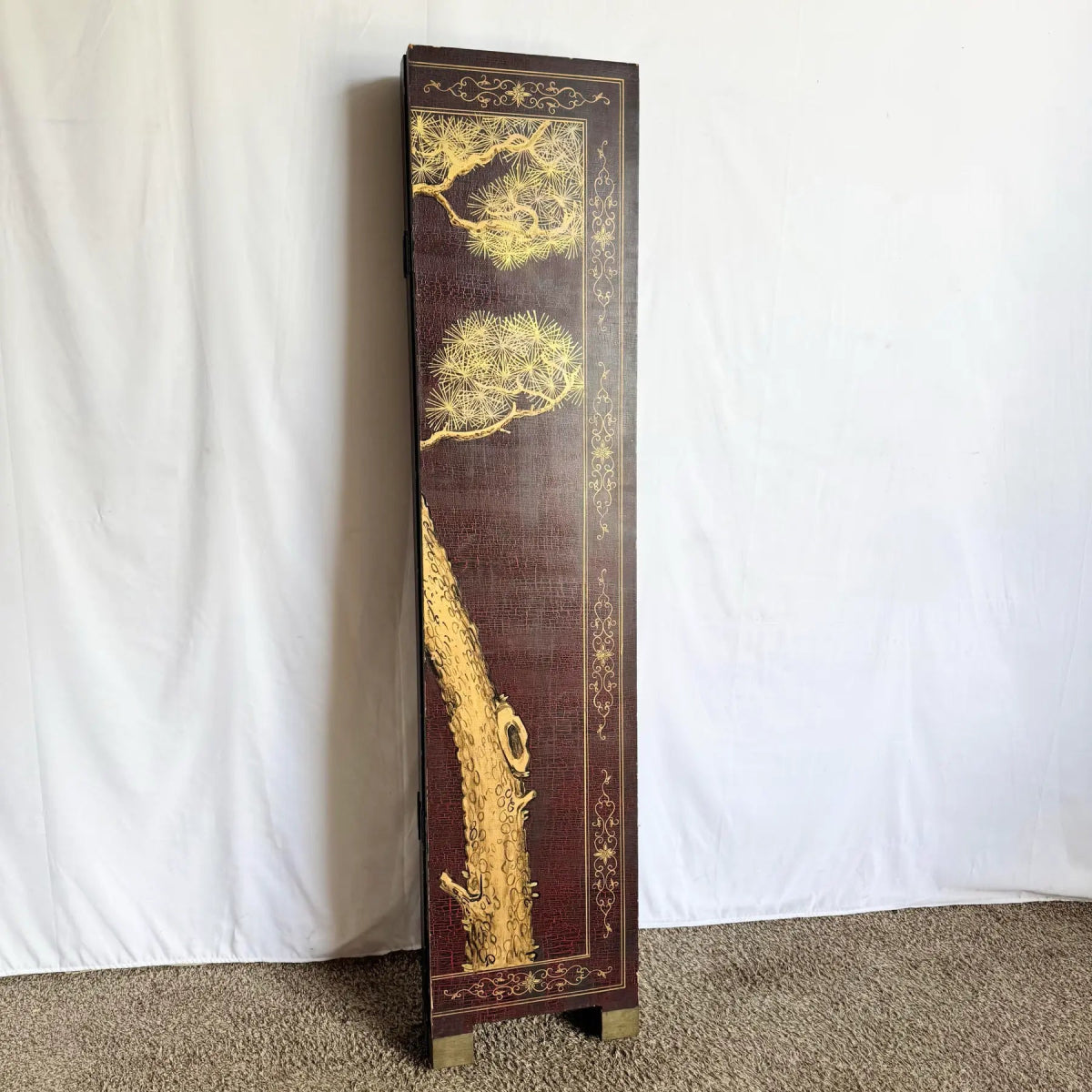 Chinese Hand Painted Gold a Red Crackle Finished 2 Sides Room Divider - 6 Panels - Dolphin & Flamingo