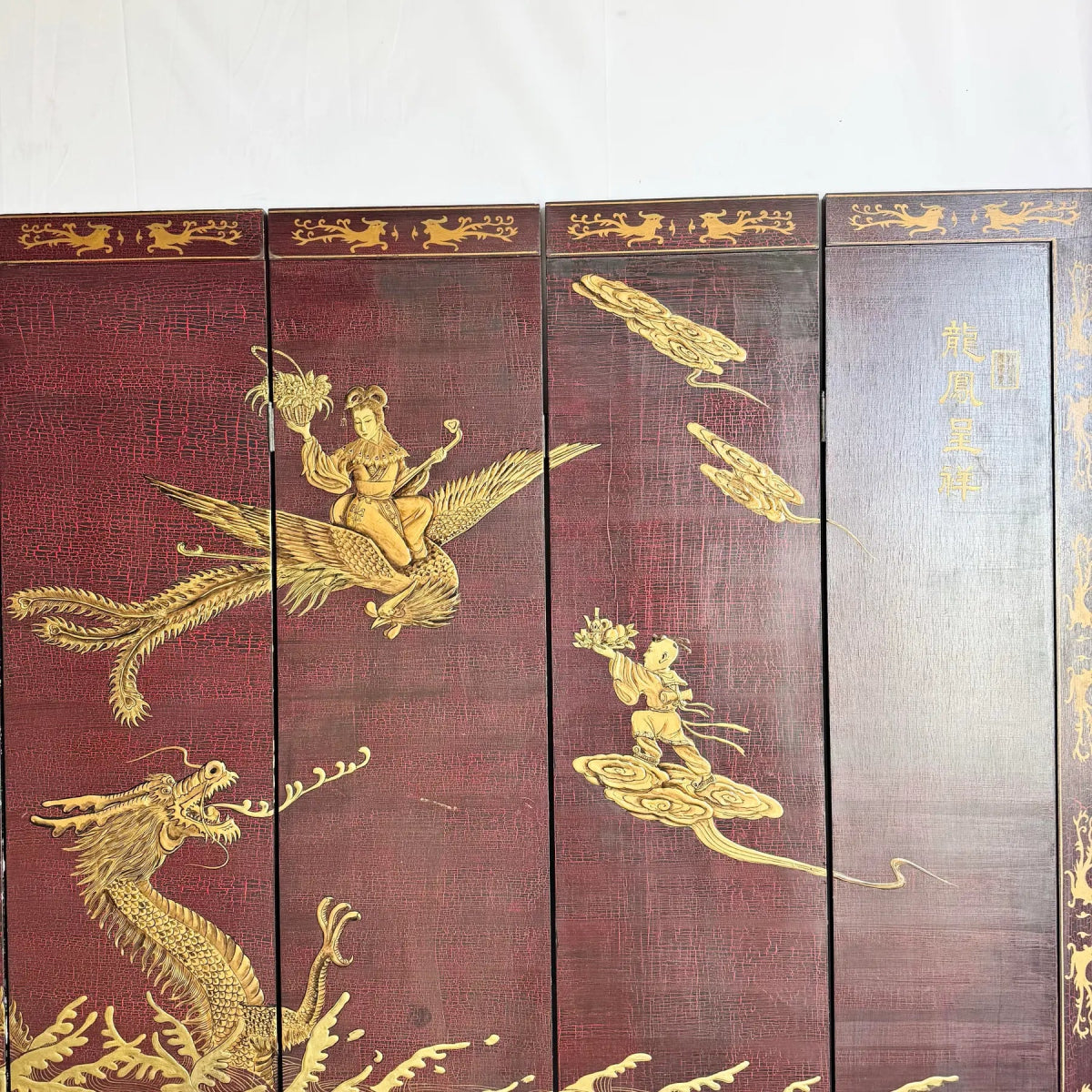 Chinese Hand Painted Gold a Red Crackle Finished 2 Sides Room Divider - 6 Panels - Dolphin & Flamingo