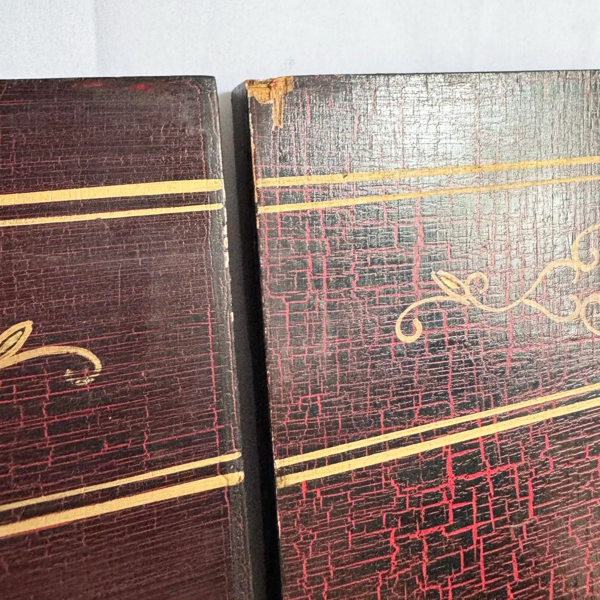 Chinese Hand Painted Gold a Red Crackle Finished 2 Sides Room Divider - 6 Panels - Dolphin & Flamingo