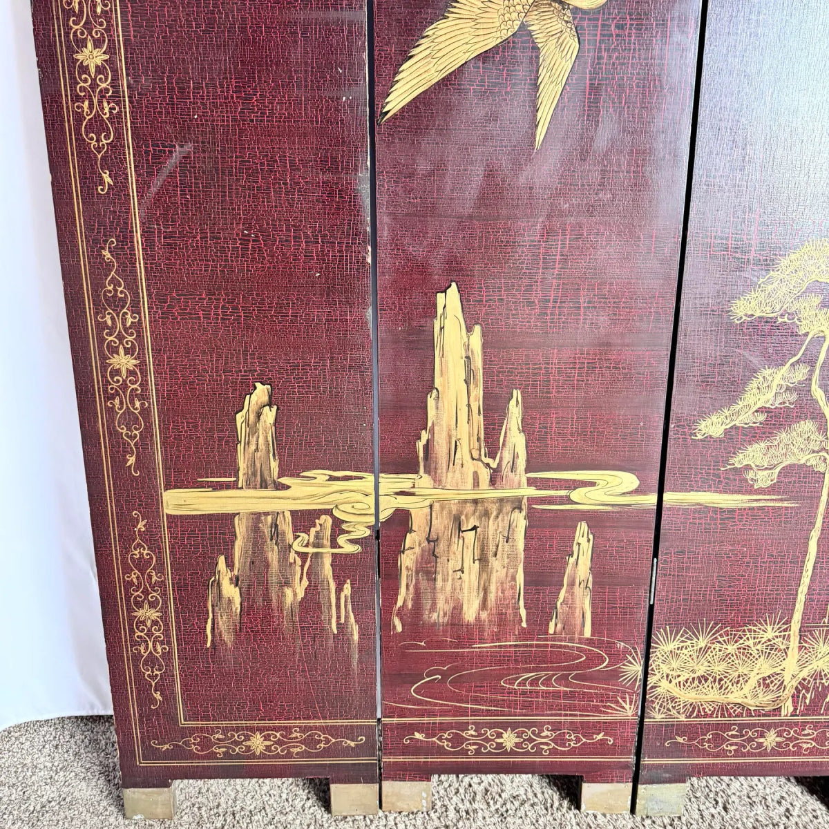 Chinese Hand Painted Gold a Red Crackle Finished 2 Sides Room Divider - 6 Panels - Dolphin & Flamingo