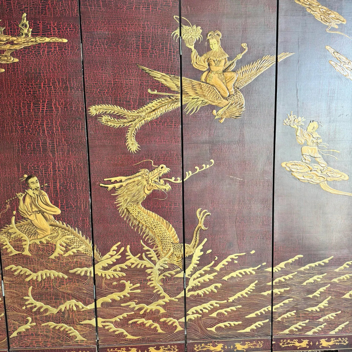 Chinese Hand Painted Gold a Red Crackle Finished 2 Sides Room Divider - 6 Panels - Dolphin & Flamingo