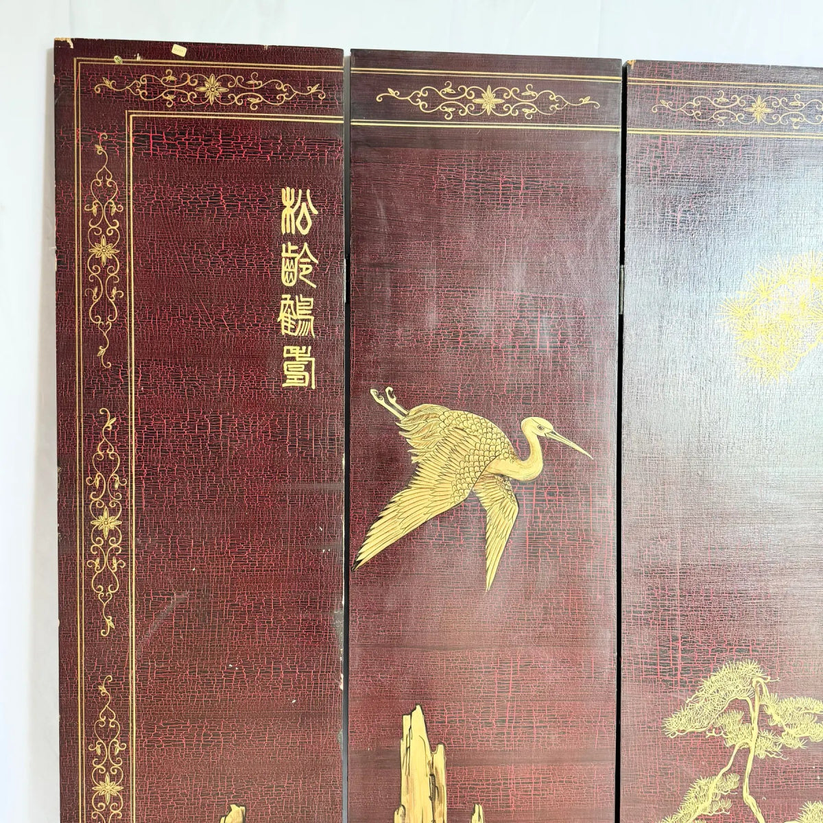 Chinese Hand Painted Gold a Red Crackle Finished 2 Sides Room Divider - 6 Panels - Dolphin & Flamingo