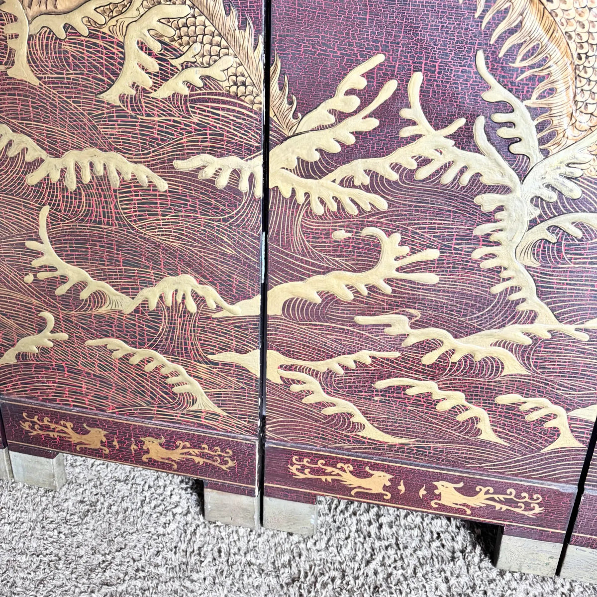 Chinese Hand Painted Gold a Red Crackle Finished 2 Sides Room Divider - 6 Panels - Dolphin & Flamingo