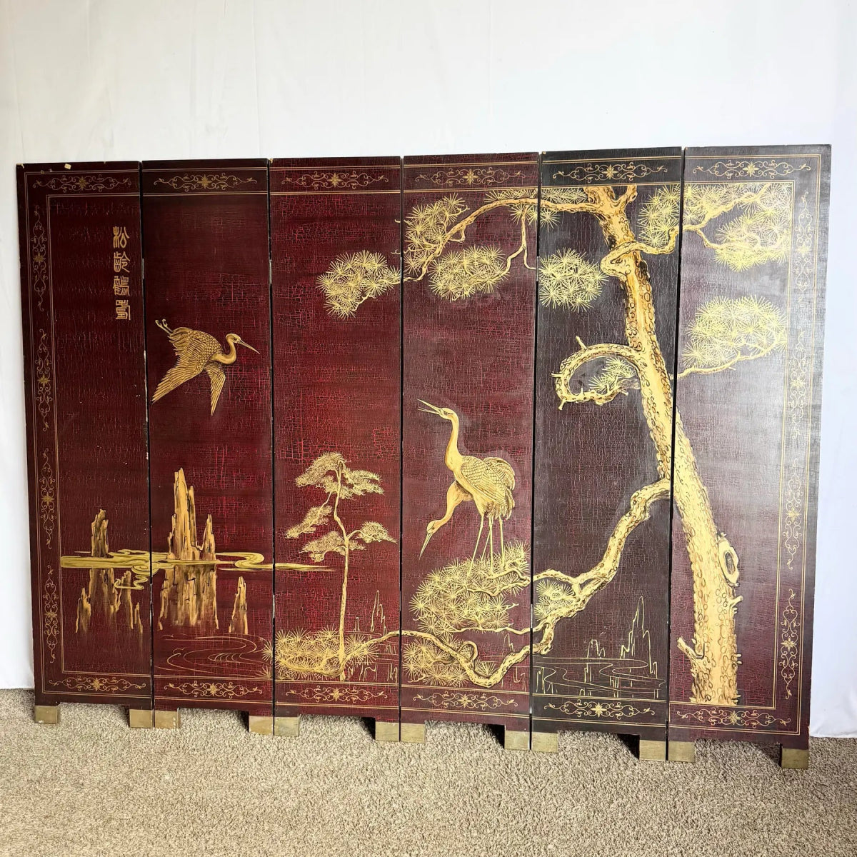 Chinese Hand Painted Gold a Red Crackle Finished 2 Sides Room Divider - 6 Panels - Dolphin & Flamingo