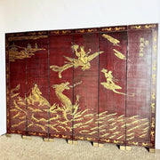 Chinese Hand Painted Gold a Red Crackle Finished 2 Sides Room Divider - 6 Panels - Dolphin & Flamingo