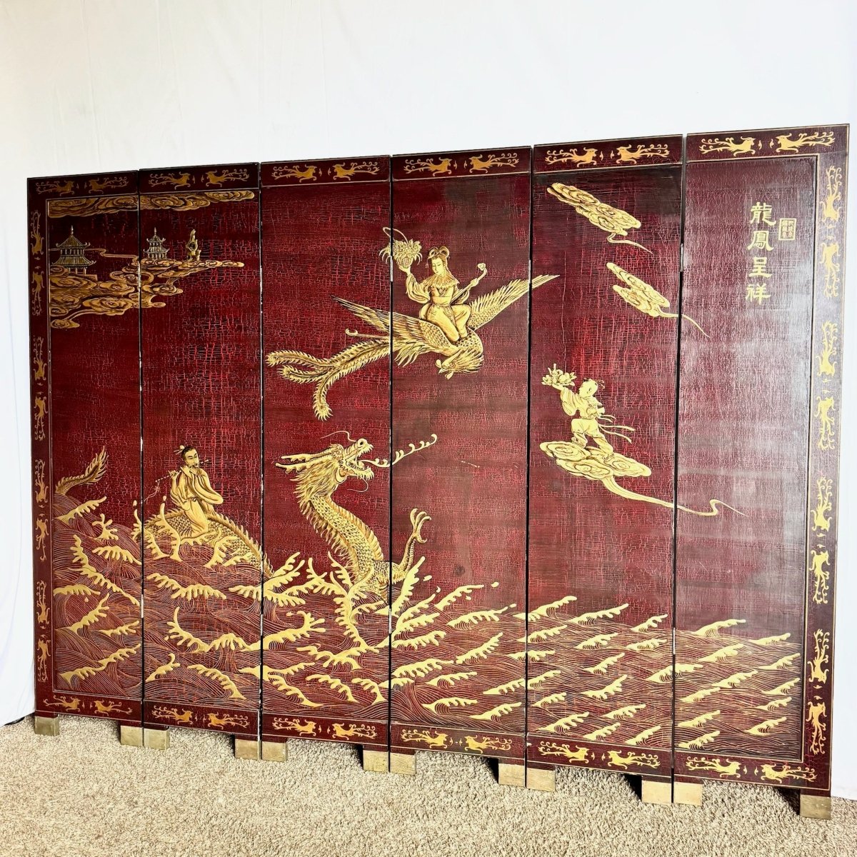 Chinese Hand Painted Gold a Red Crackle Finished 2 Sides Room Divider - 6 Panels - Dolphin & Flamingo