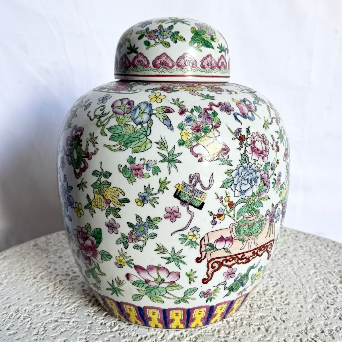 Chinese Hand Painted Porcelain Ginger Jar - Dolphin & Flamingo