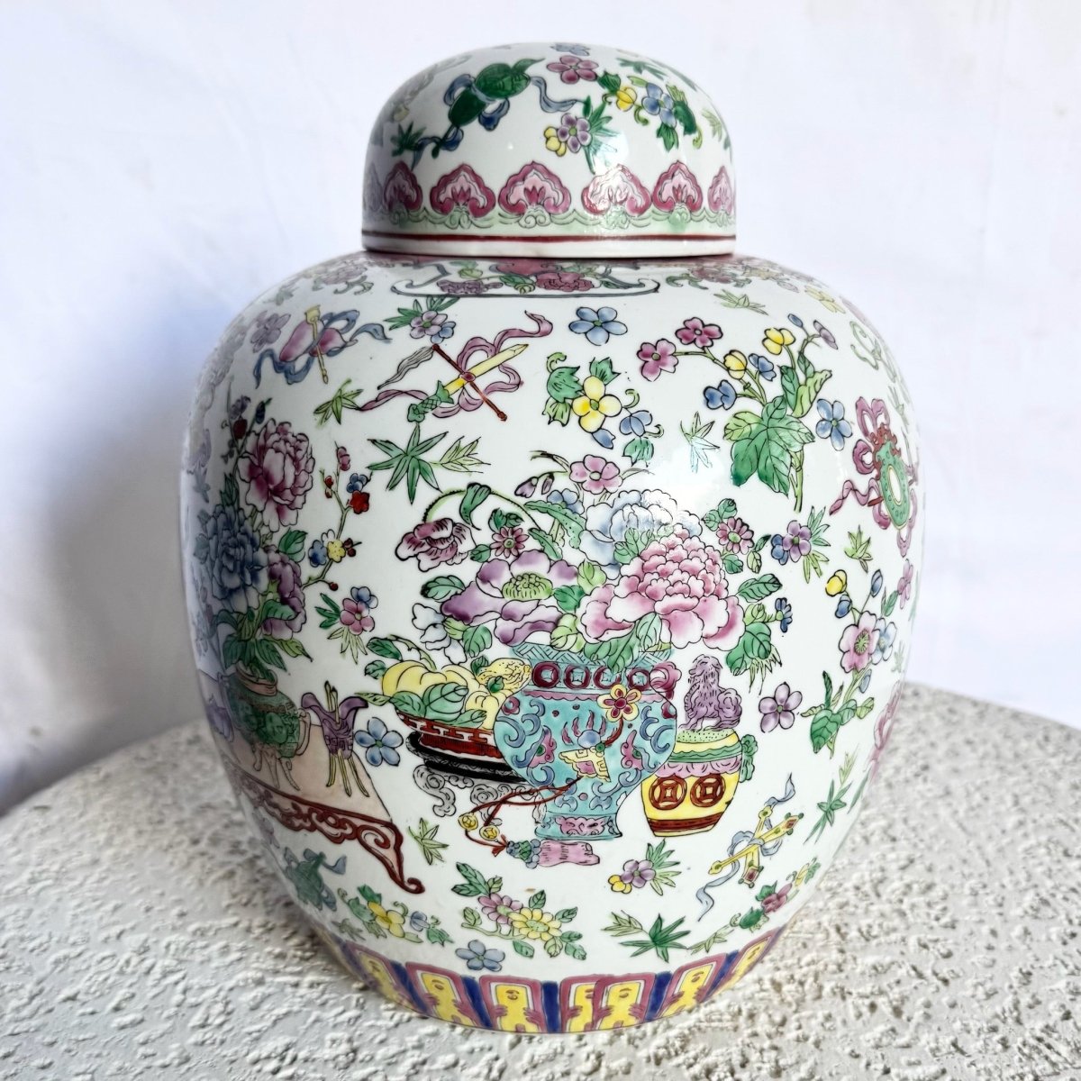 Chinese Hand Painted Porcelain Ginger Jar - Dolphin & Flamingo
