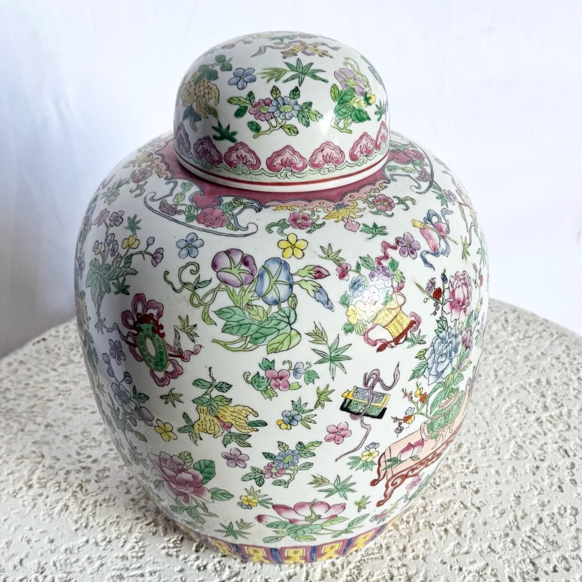 Chinese Hand Painted Porcelain Ginger Jar - Dolphin & Flamingo