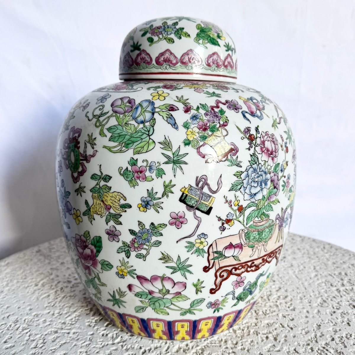 Chinese Hand Painted Porcelain Ginger Jar - Dolphin & Flamingo