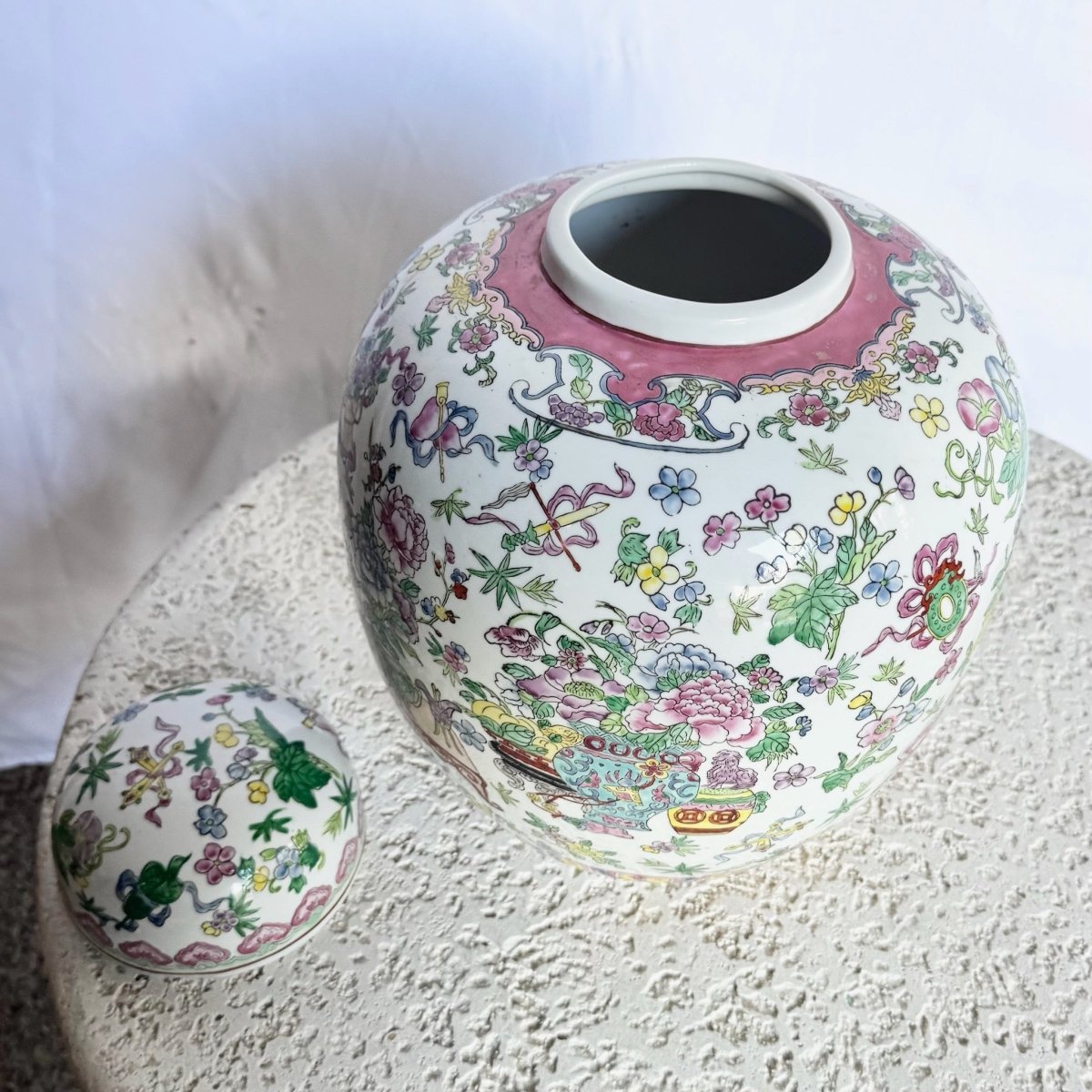 Chinese Hand Painted Porcelain Ginger Jar - Dolphin & Flamingo