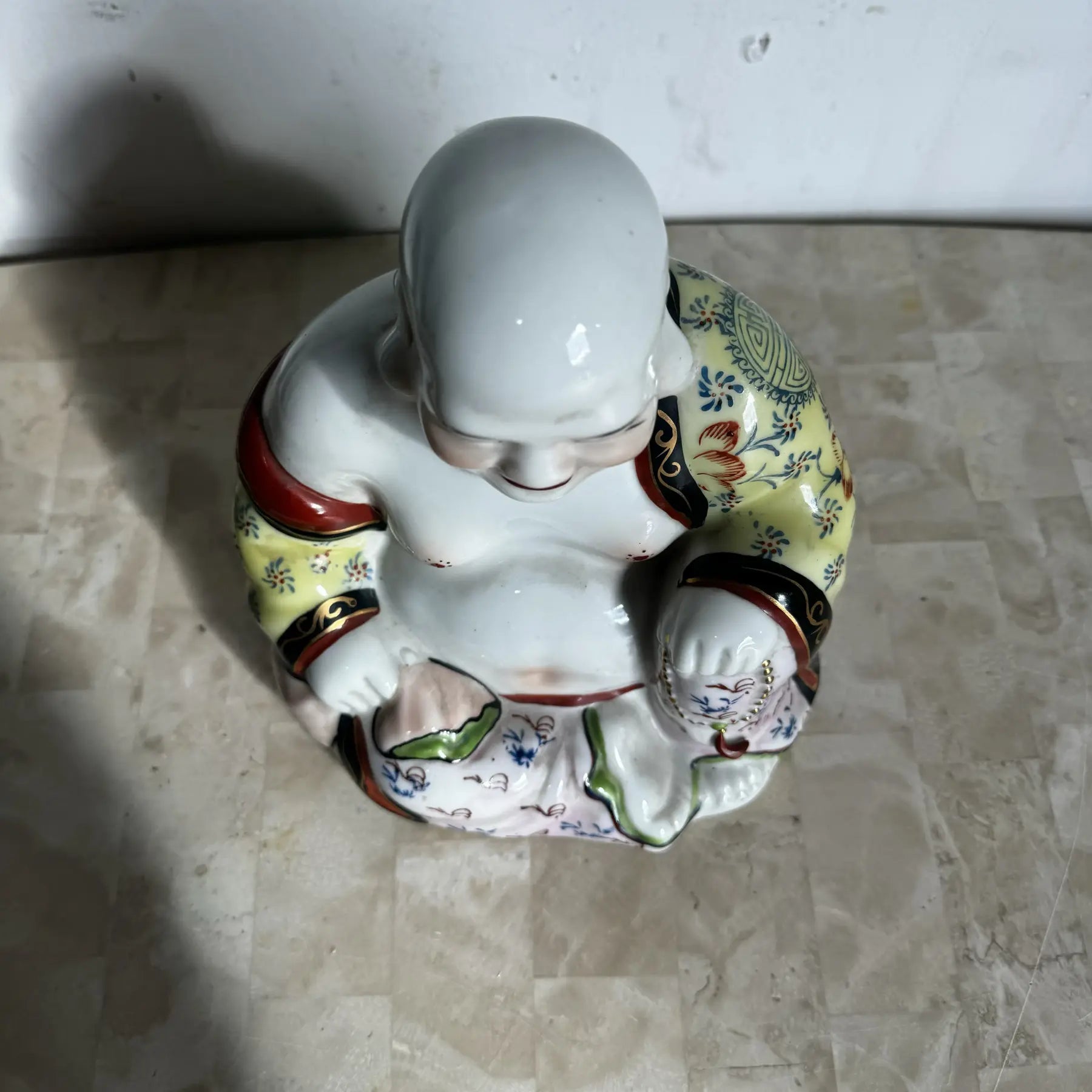 Chinese Hand Painted Porcelain Happy Buddha Sculpture Dolphin & Flamingo