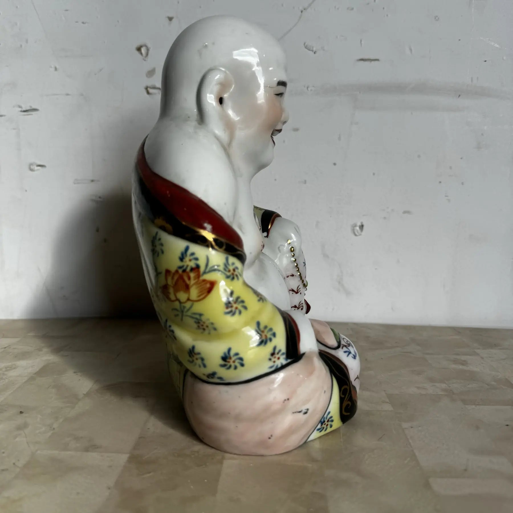 Chinese Hand Painted Porcelain Happy Buddha Sculpture Dolphin & Flamingo