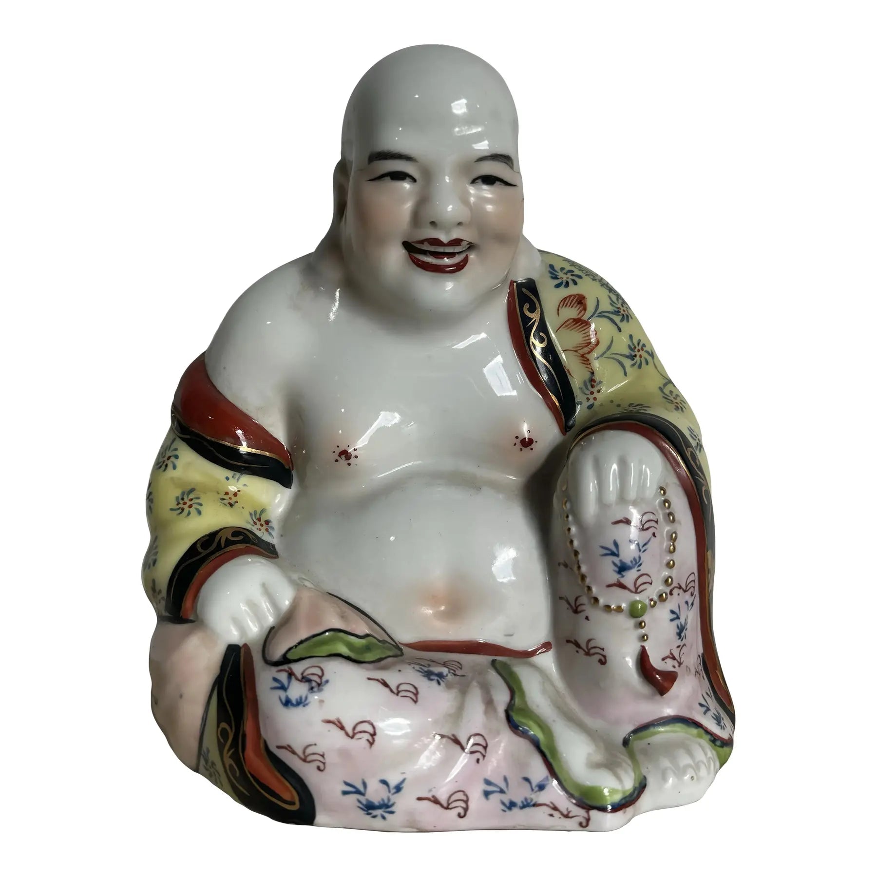 Chinese Hand Painted Porcelain Happy Buddha Sculpture Dolphin & Flamingo