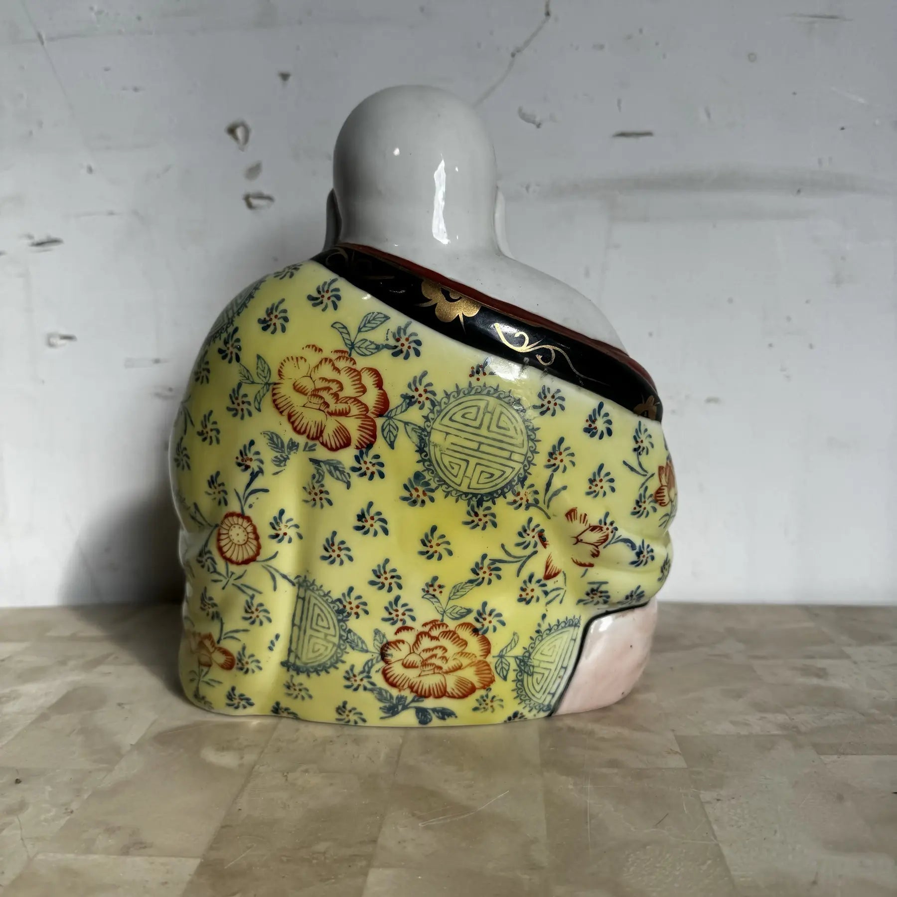 Chinese Hand Painted Porcelain Happy Buddha Sculpture Dolphin & Flamingo