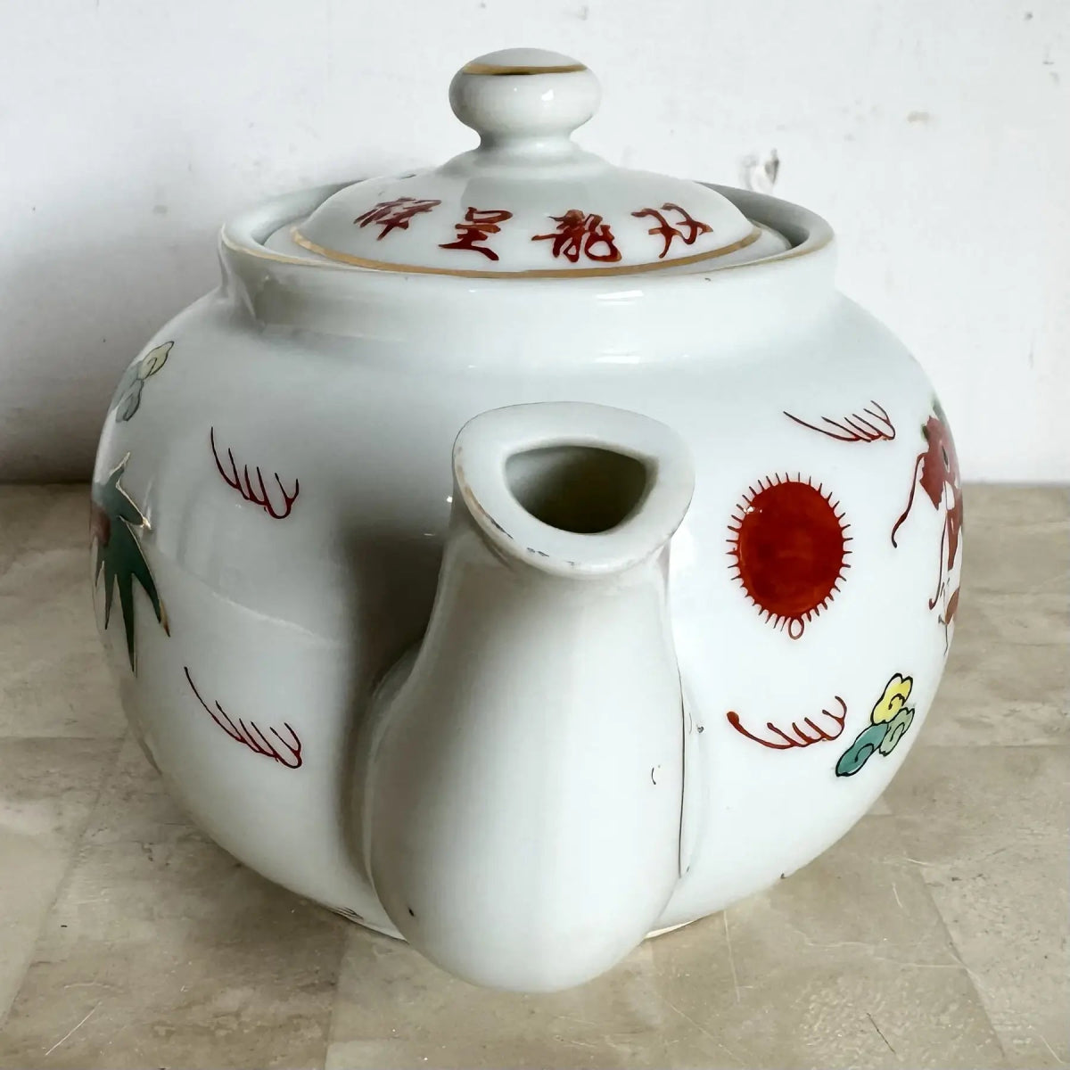 Chinese Hand Painted Porcelain Tea Pot - Dolphin & Flamingo