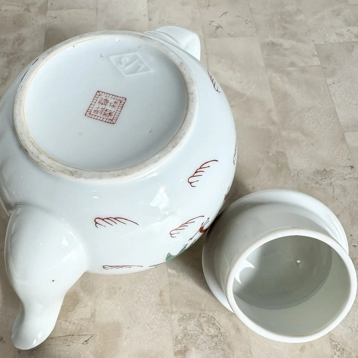 Chinese Hand Painted Porcelain Tea Pot - Dolphin & Flamingo
