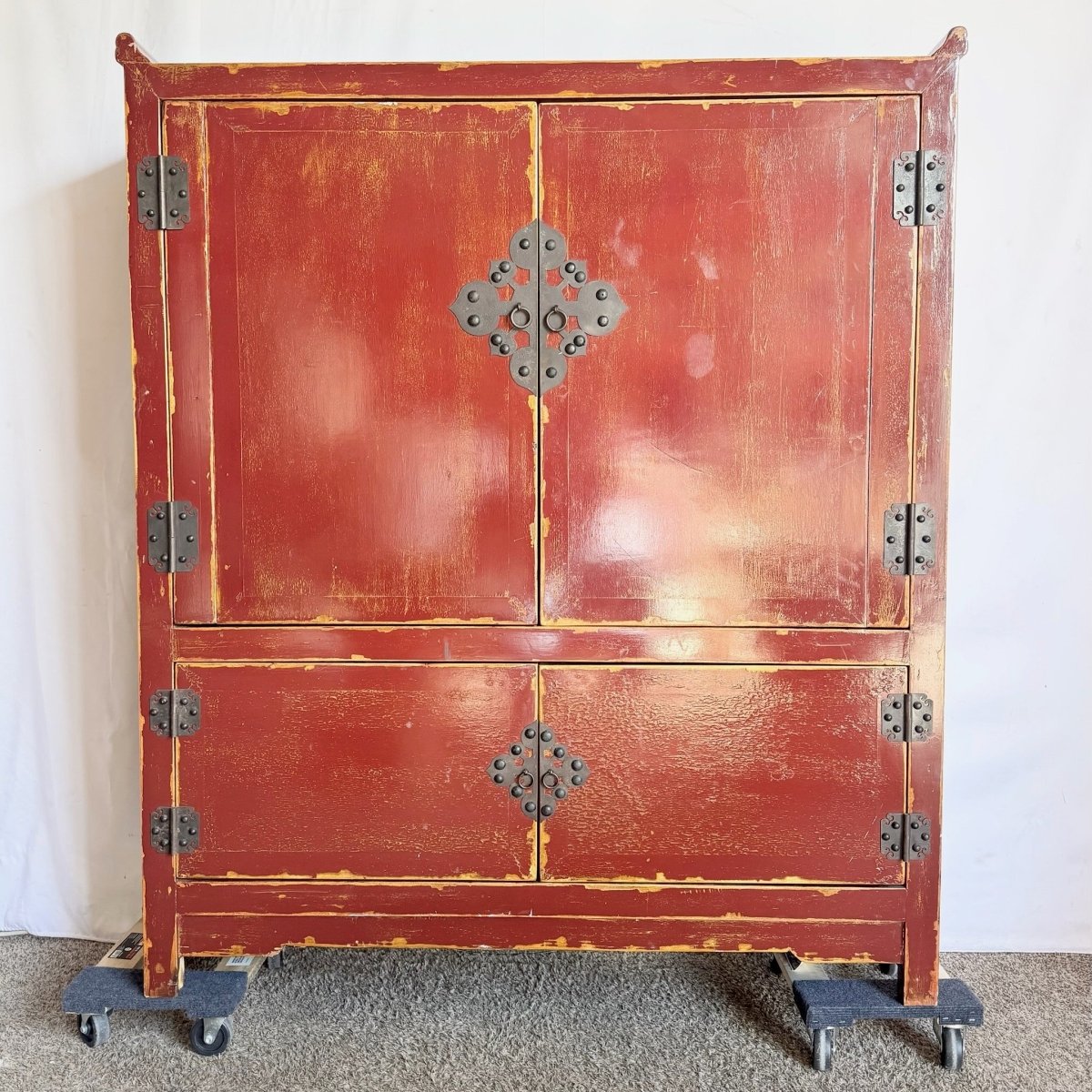 Chinese Red and Gold Distress Finish Armoire/Cabinet - Dolphin & Flamingo