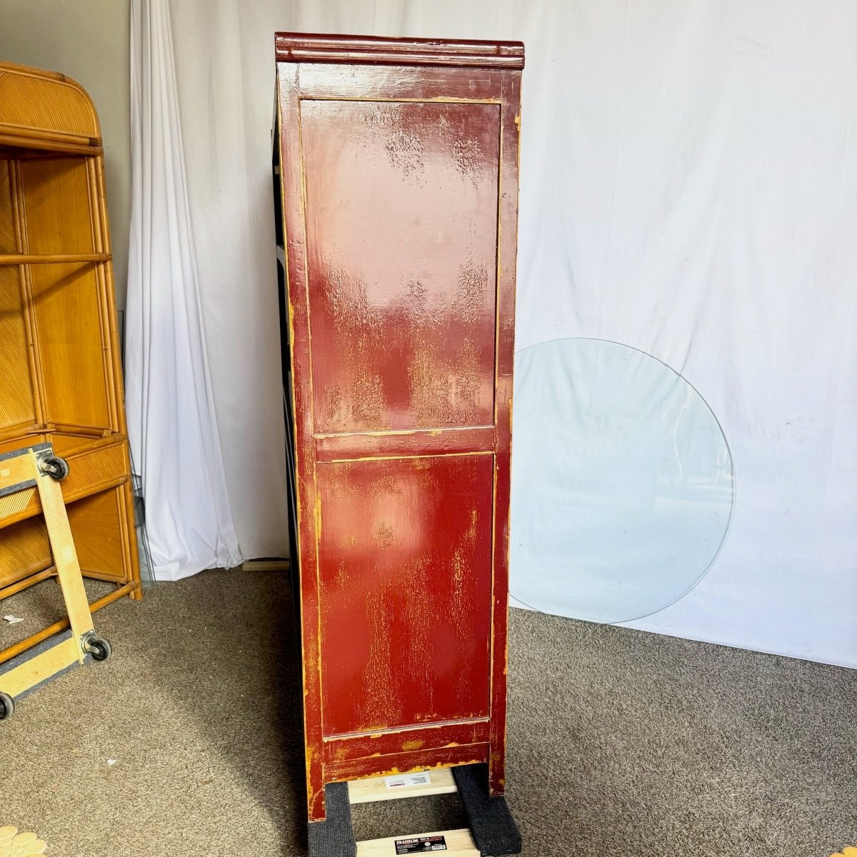 Chinese Red and Gold Distress Finish Armoire/Cabinet - Dolphin & Flamingo