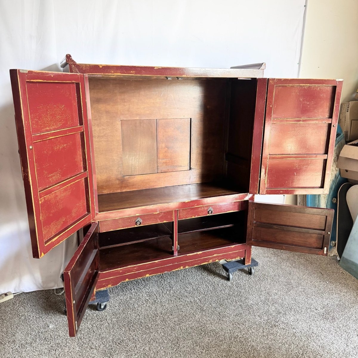 Chinese Red and Gold Distress Finish Armoire/Cabinet - Dolphin & Flamingo