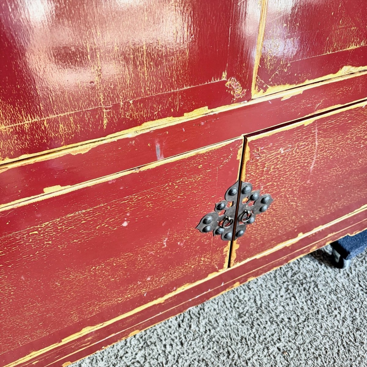 Chinese Red and Gold Distress Finish Armoire/Cabinet - Dolphin & Flamingo