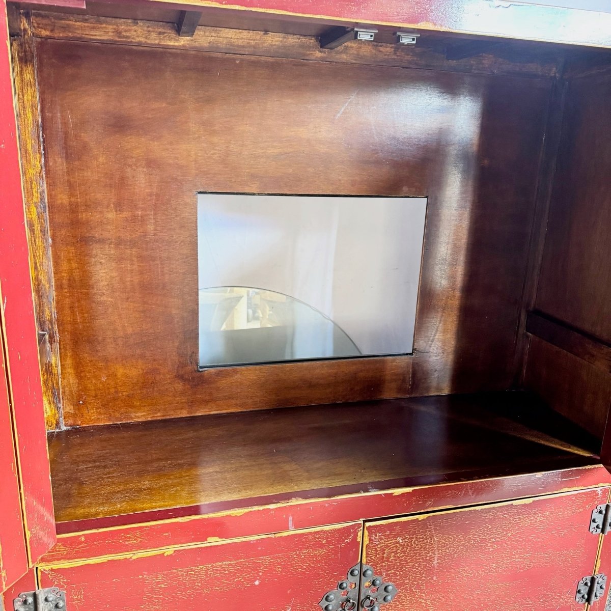 Chinese Red and Gold Distress Finish Armoire/Cabinet - Dolphin & Flamingo