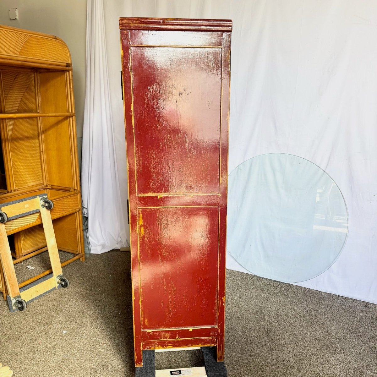 Chinese Red and Gold Distress Finish Armoire/Cabinet - Dolphin & Flamingo