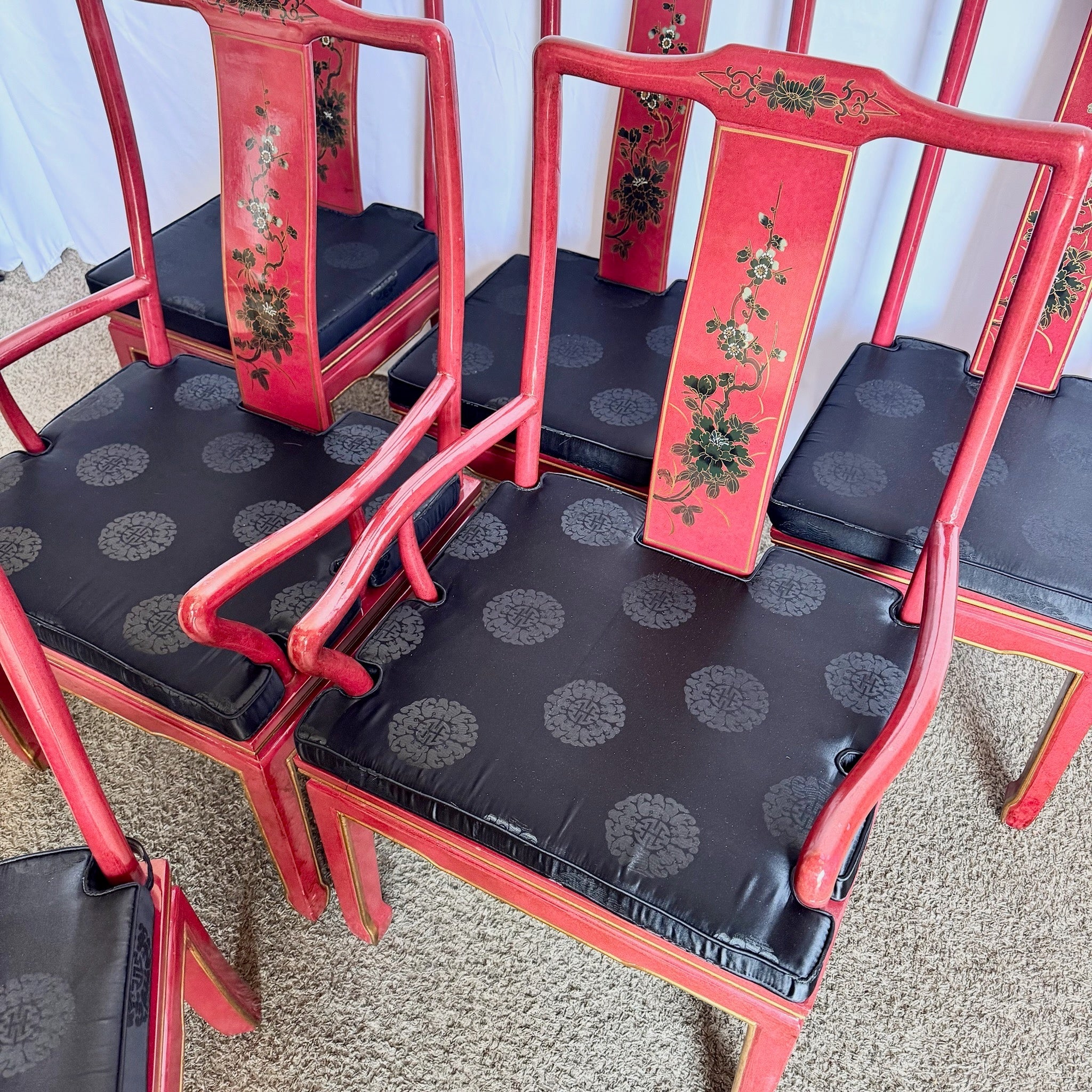 Chinese Red and Gold Lacquered Hand Painted Dining Chairs - Set of 6 - Dolphin & Flamingo