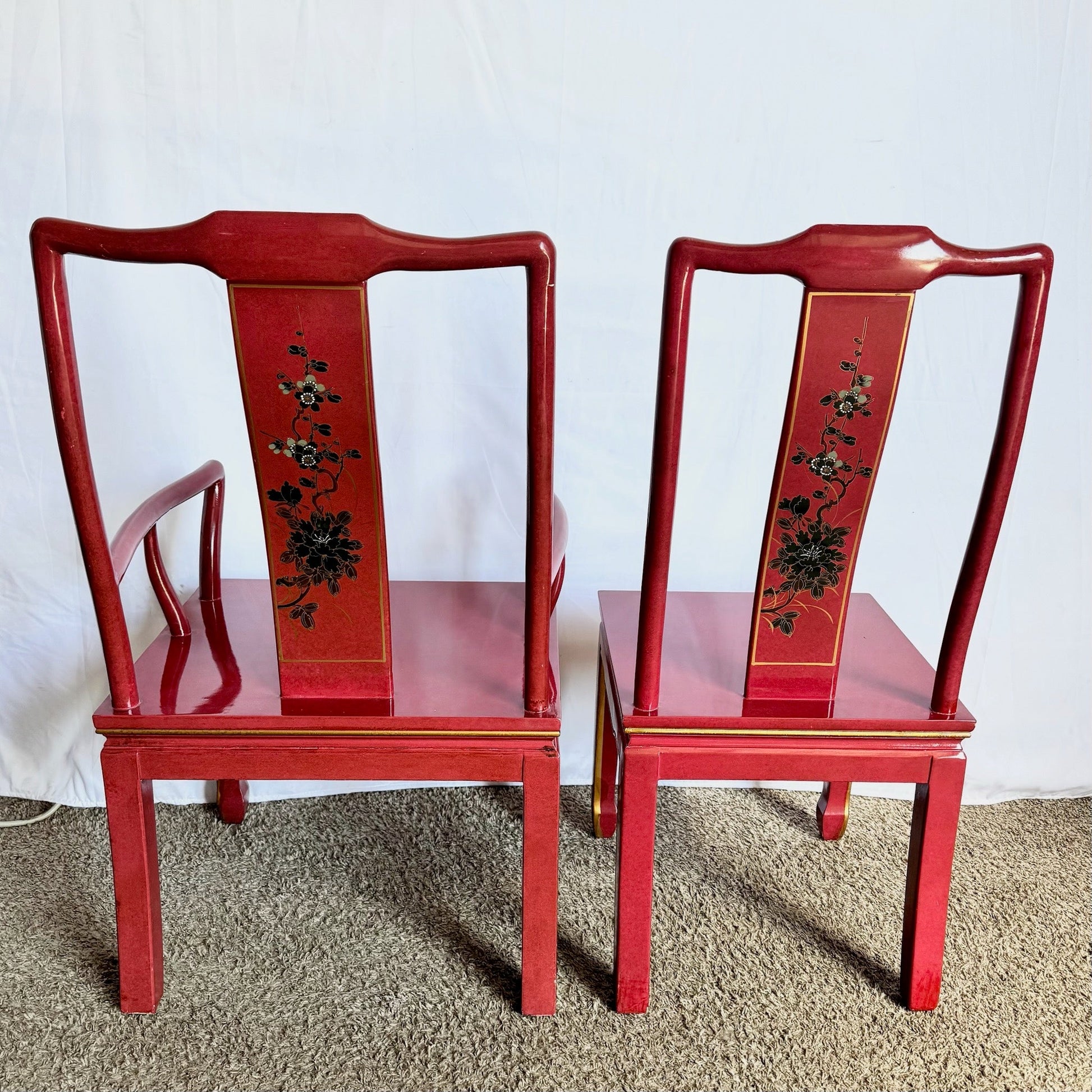 Chinese Red and Gold Lacquered Hand Painted Dining Chairs - Set of 6 - Dolphin & Flamingo