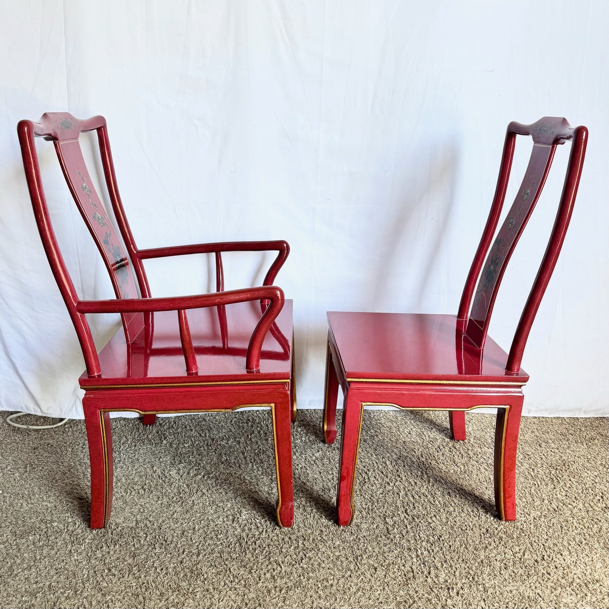 Chinese Red and Gold Lacquered Hand Painted Dining Chairs - Set of 6 - Dolphin & Flamingo