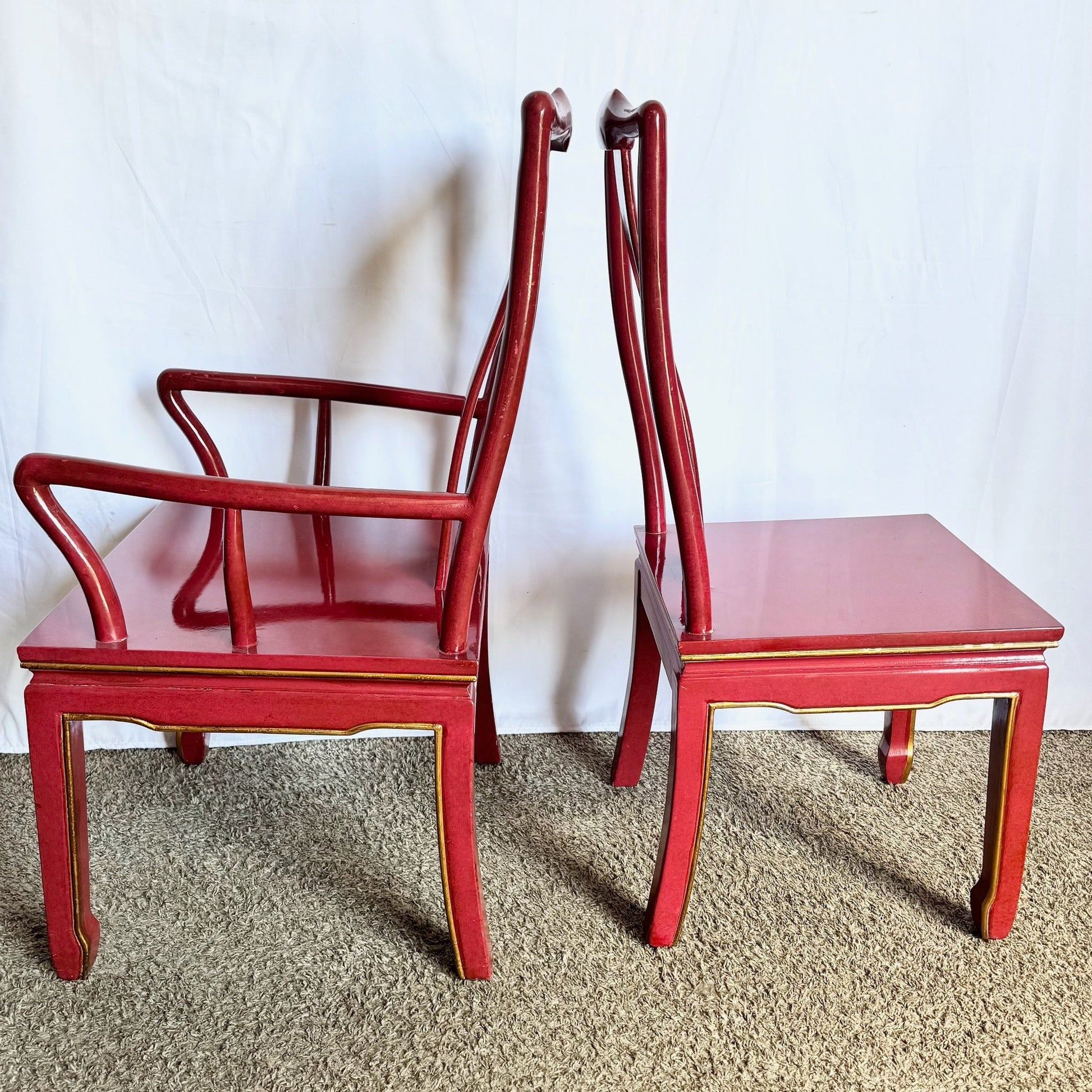 Chinese Red and Gold Lacquered Hand Painted Dining Chairs - Set of 6 - Dolphin & Flamingo