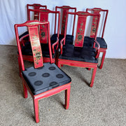 Chinese Red and Gold Lacquered Hand Painted Dining Chairs - Set of 6 - Dolphin & Flamingo