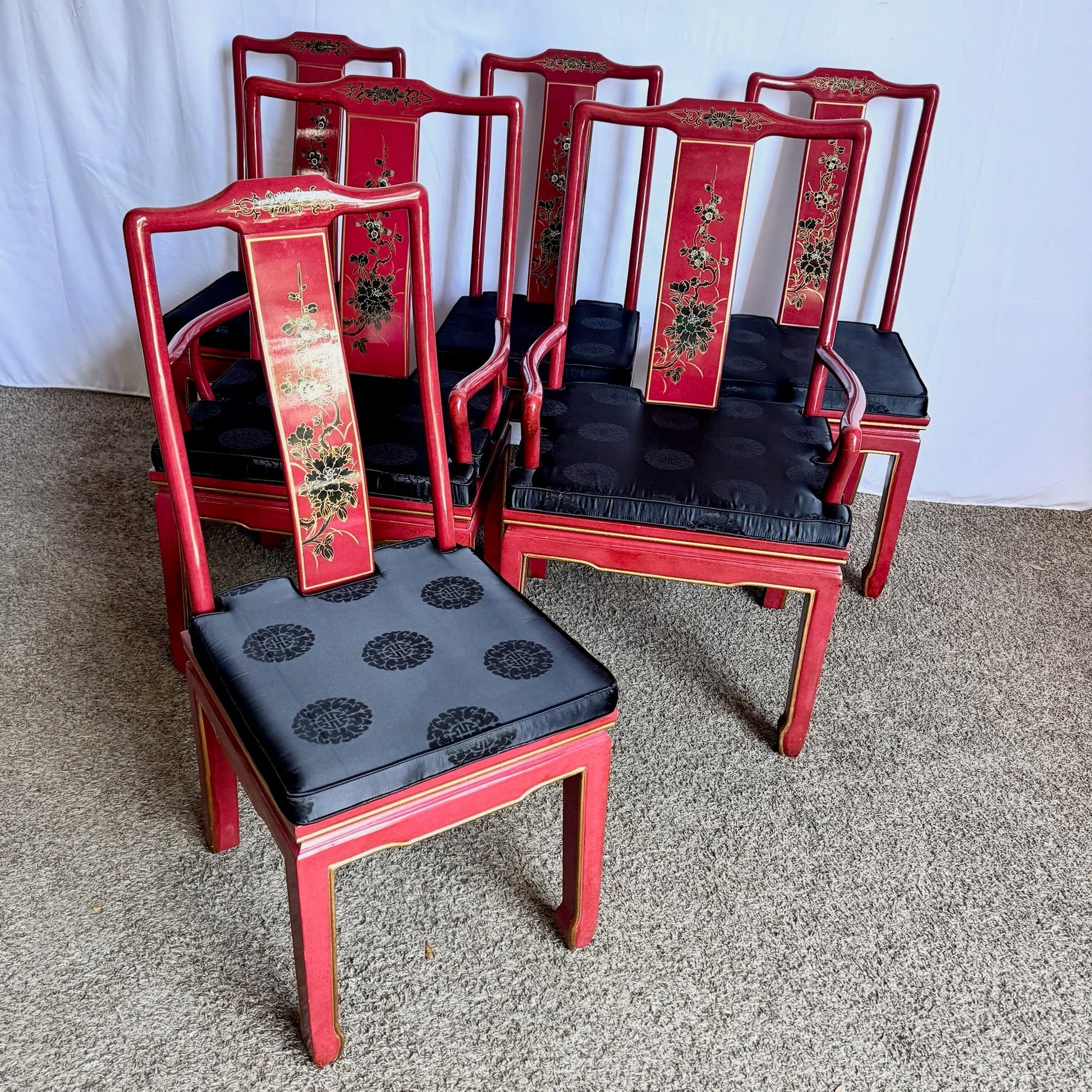 Chinese Red and Gold Lacquered Hand Painted Dining Chairs - Set of 6 - Dolphin & Flamingo