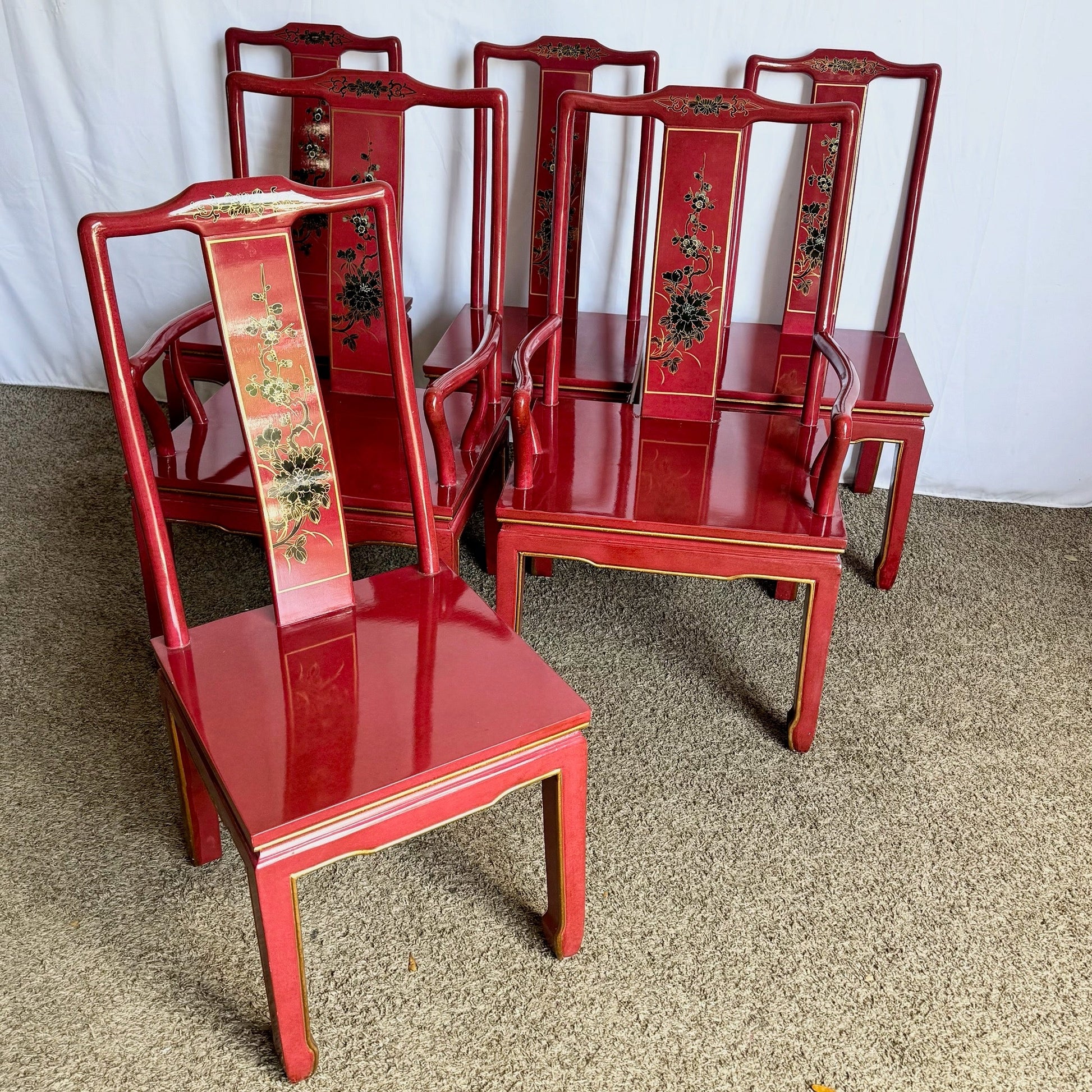 Chinese Red and Gold Lacquered Hand Painted Dining Chairs - Set of 6 - Dolphin & Flamingo