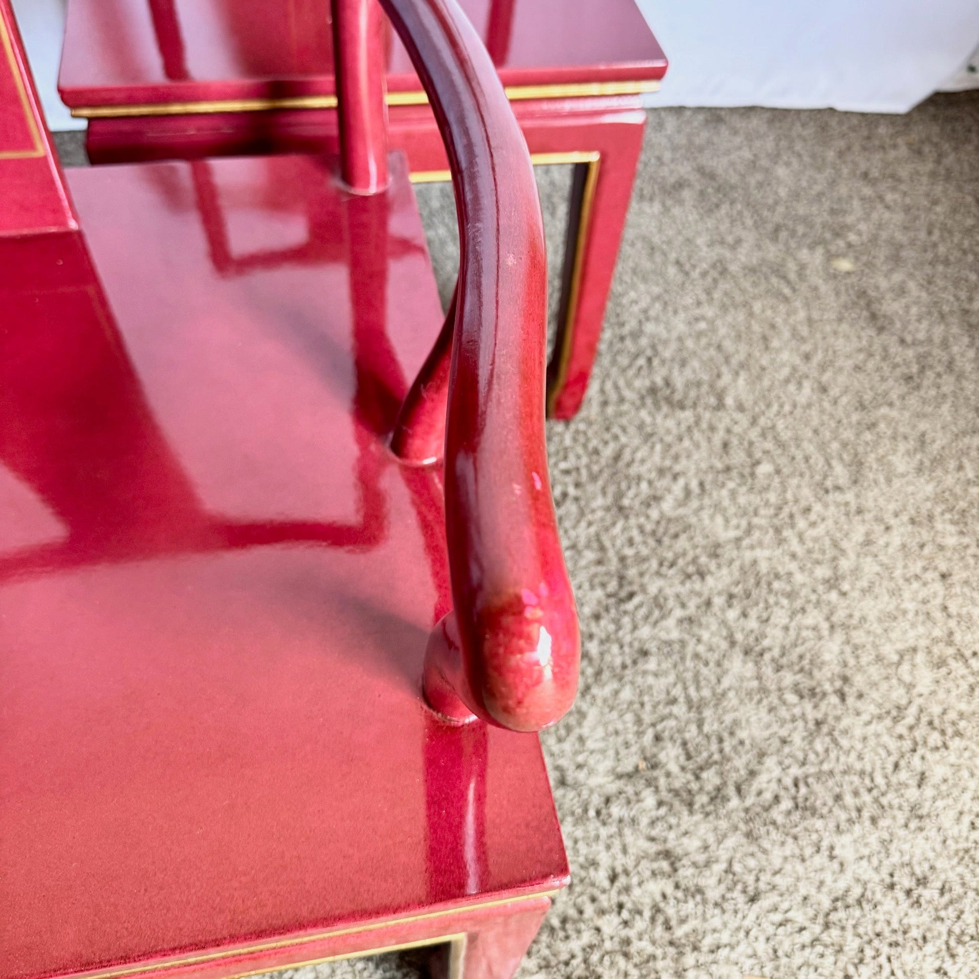 Chinese Red and Gold Lacquered Hand Painted Dining Chairs - Set of 6 - Dolphin & Flamingo