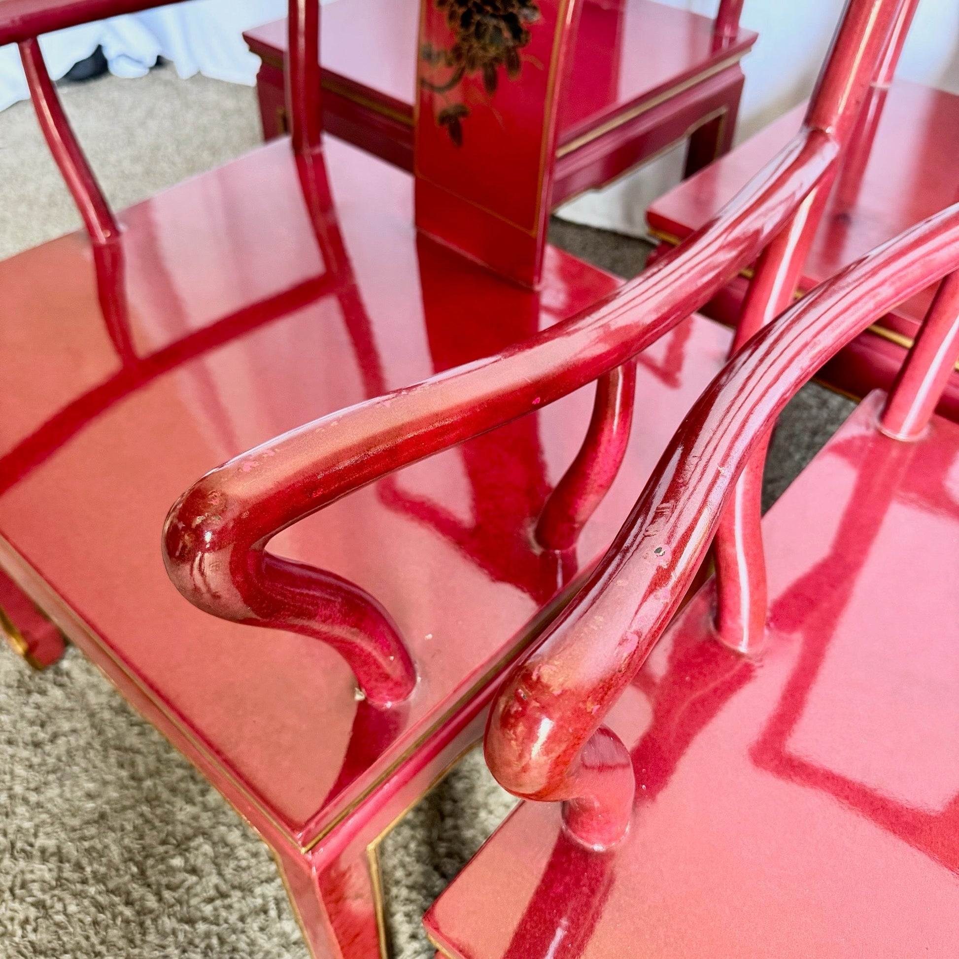 Chinese Red and Gold Lacquered Hand Painted Dining Chairs - Set of 6 - Dolphin & Flamingo