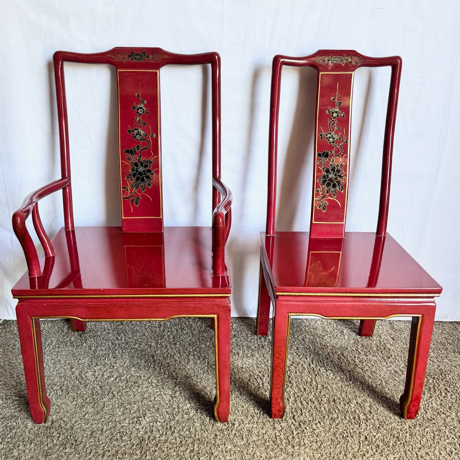 Chinese Red and Gold Lacquered Hand Painted Dining Chairs - Set of 6 - Dolphin & Flamingo