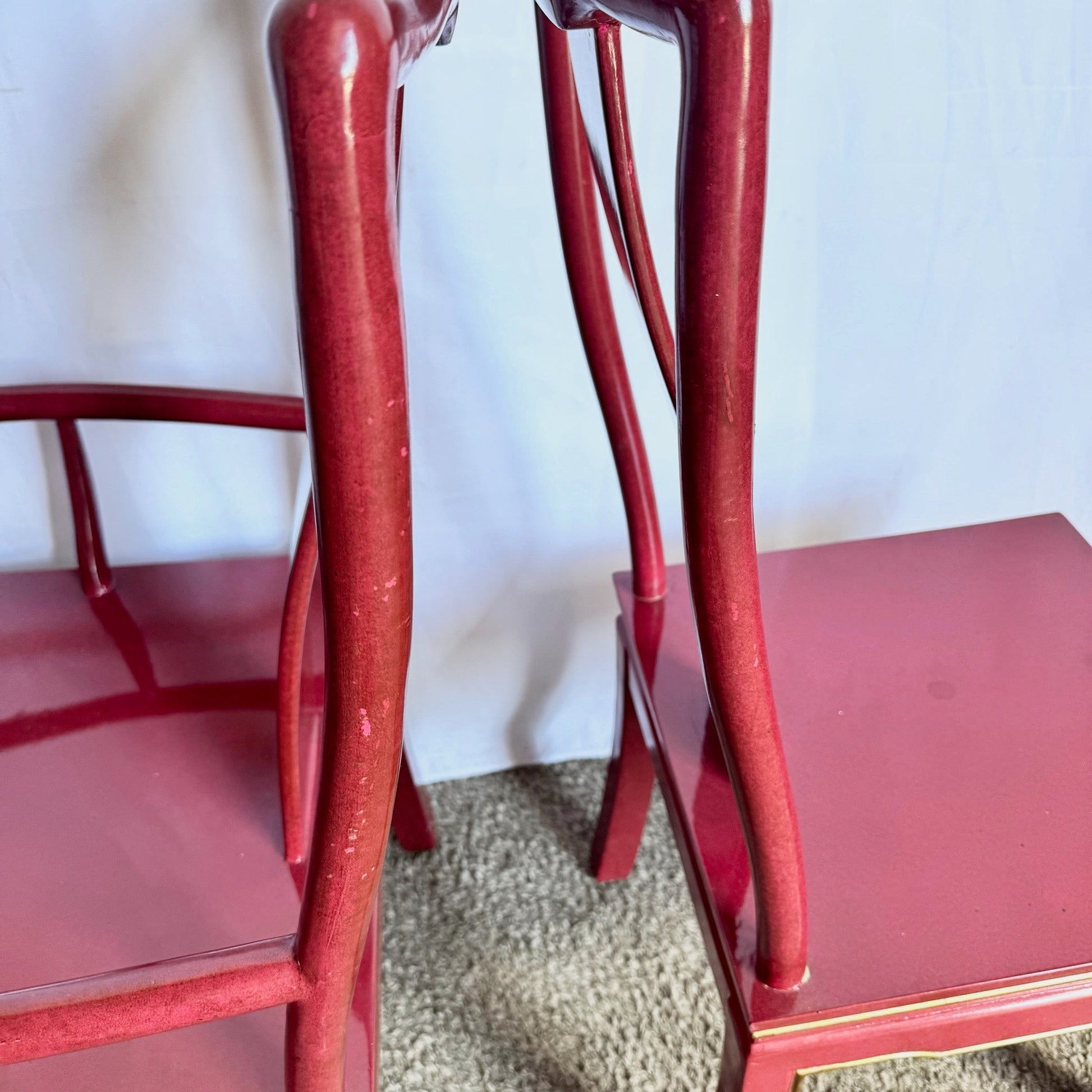 Chinese Red and Gold Lacquered Hand Painted Dining Chairs - Set of 6 - Dolphin & Flamingo