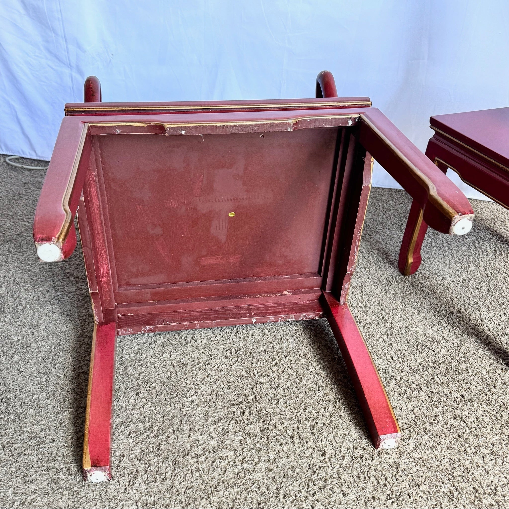 Chinese Red and Gold Lacquered Hand Painted Dining Chairs - Set of 6 - Dolphin & Flamingo