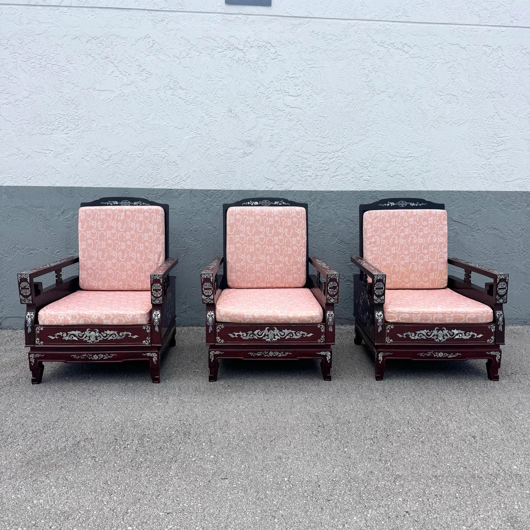 Chinese Rosewood With Mother of Pearl Inlay Lounge Chairs - Set of 3 Dolphin & Flamingo