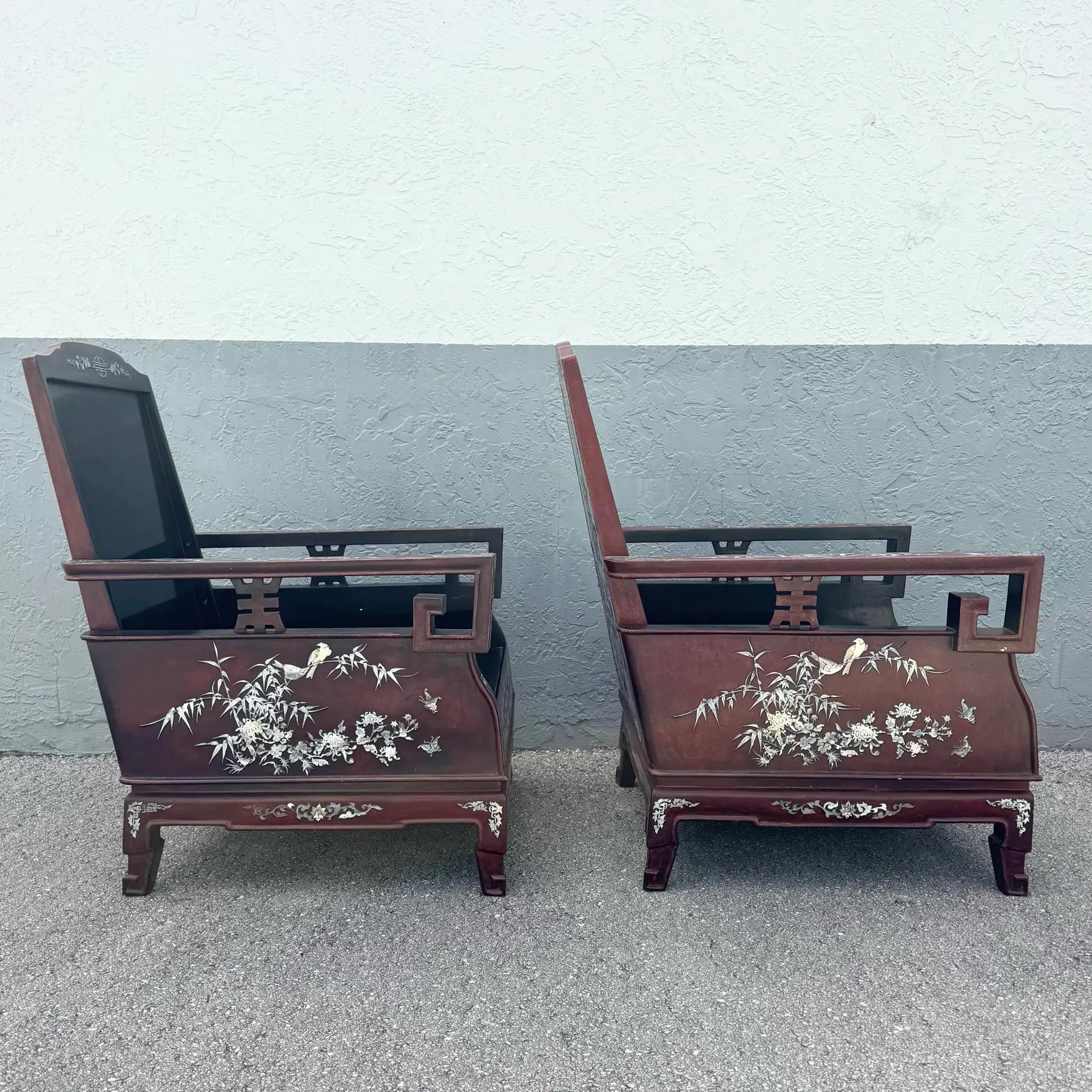 Chinese Rosewood With Mother of Pearl Inlay Lounge Chairs - Set of 3 Dolphin & Flamingo