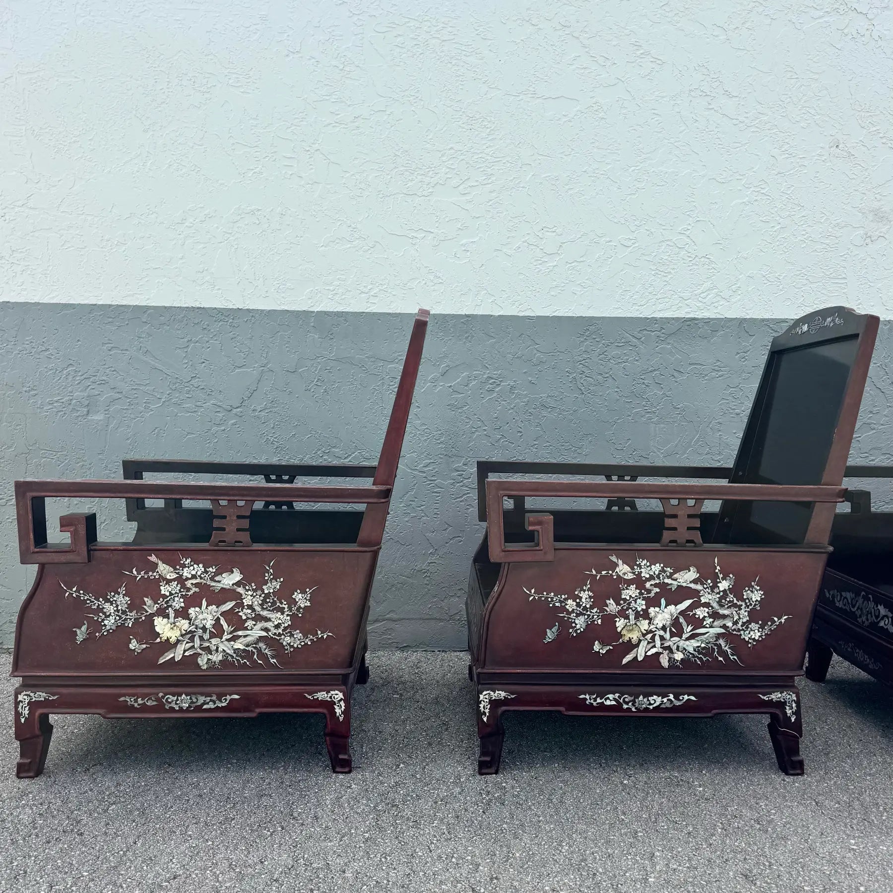 Chinese Rosewood With Mother of Pearl Inlay Lounge Chairs - Set of 3 Dolphin & Flamingo
