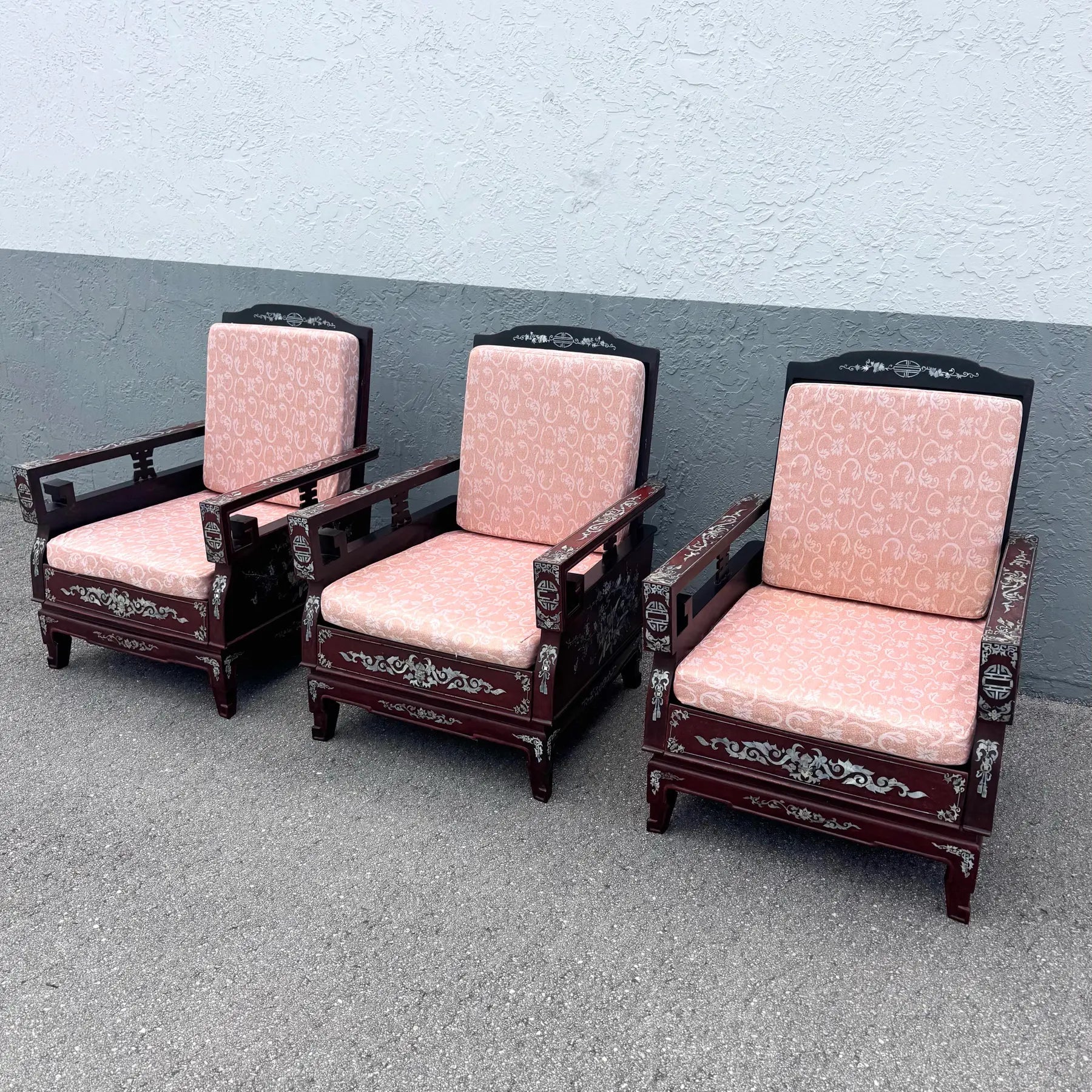 Chinese Rosewood With Mother of Pearl Inlay Lounge Chairs - Set of 3 Dolphin & Flamingo