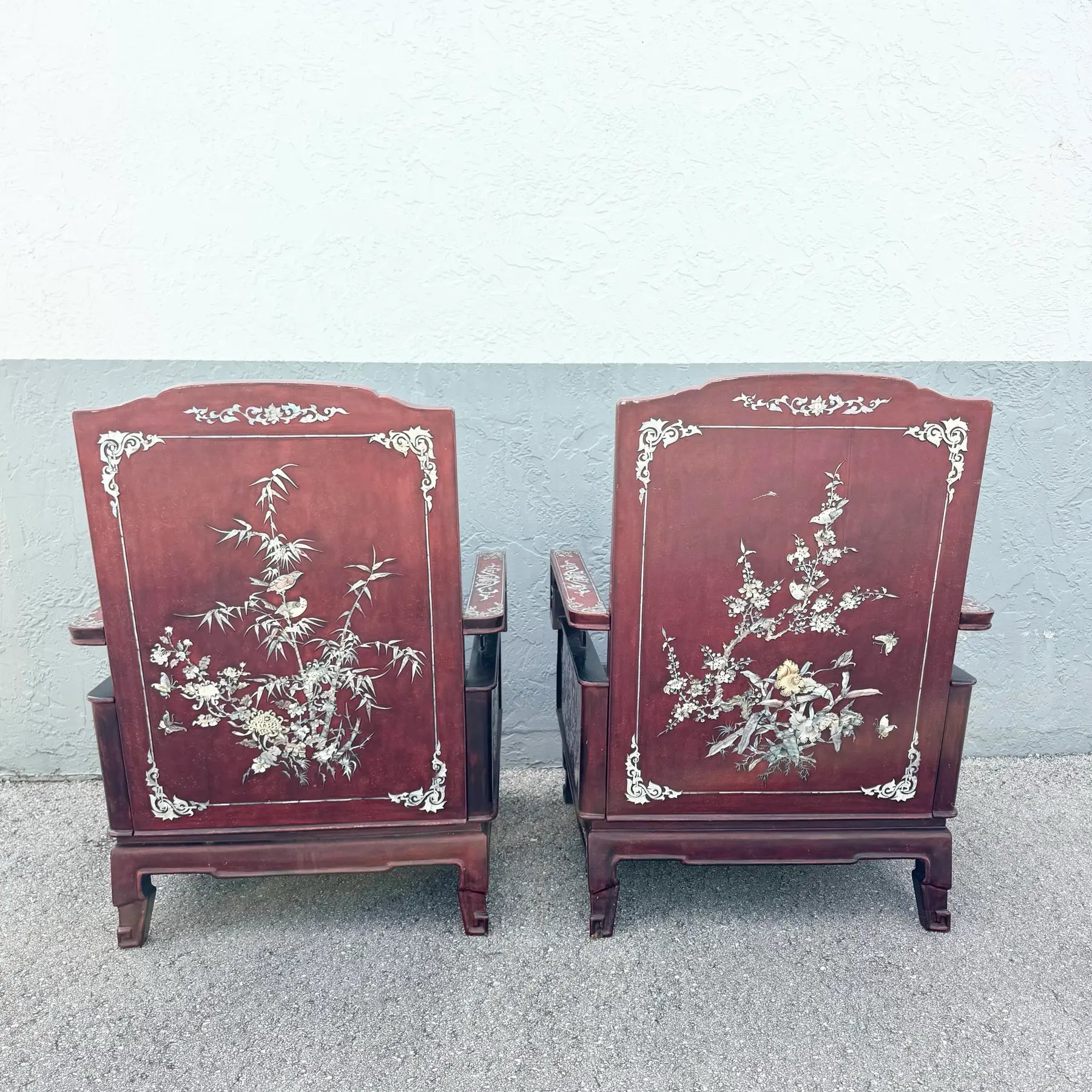 Chinese Rosewood With Mother of Pearl Inlay Lounge Chairs - Set of 3 Dolphin & Flamingo