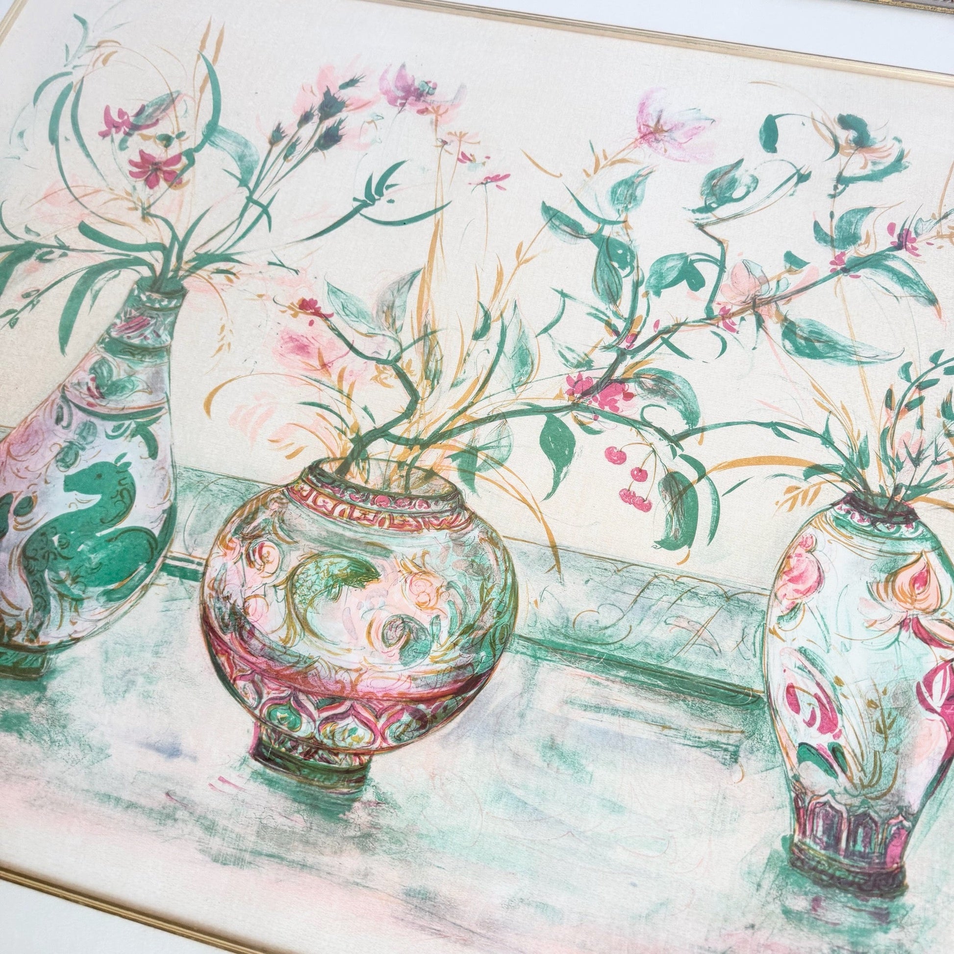 “Chinese Vase” Signed Limited Edition Lithograph by Edna Hibel - Dolphin & Flamingo