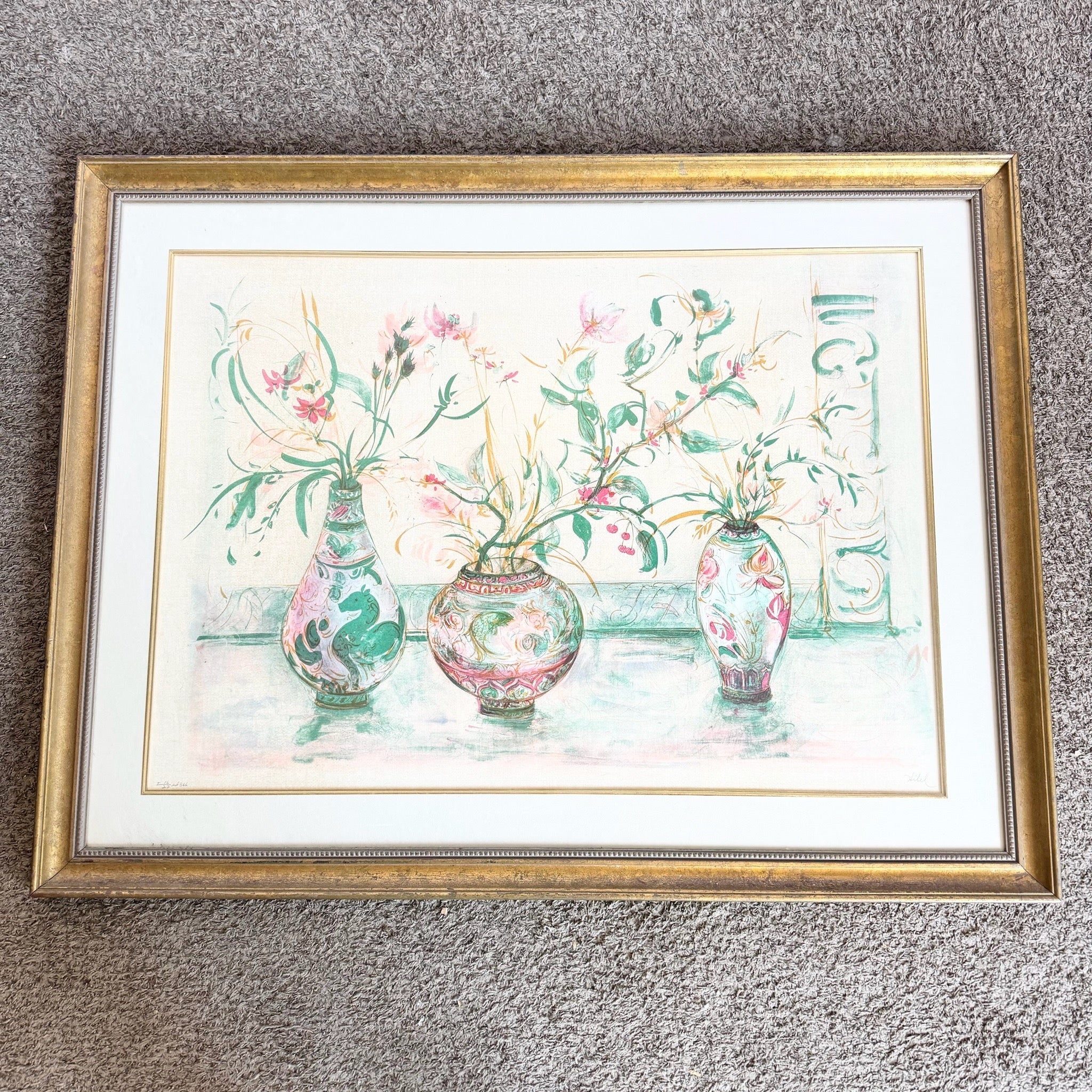 “Chinese Vase” Signed Limited Edition Lithograph by Edna Hibel - Dolphin & Flamingo