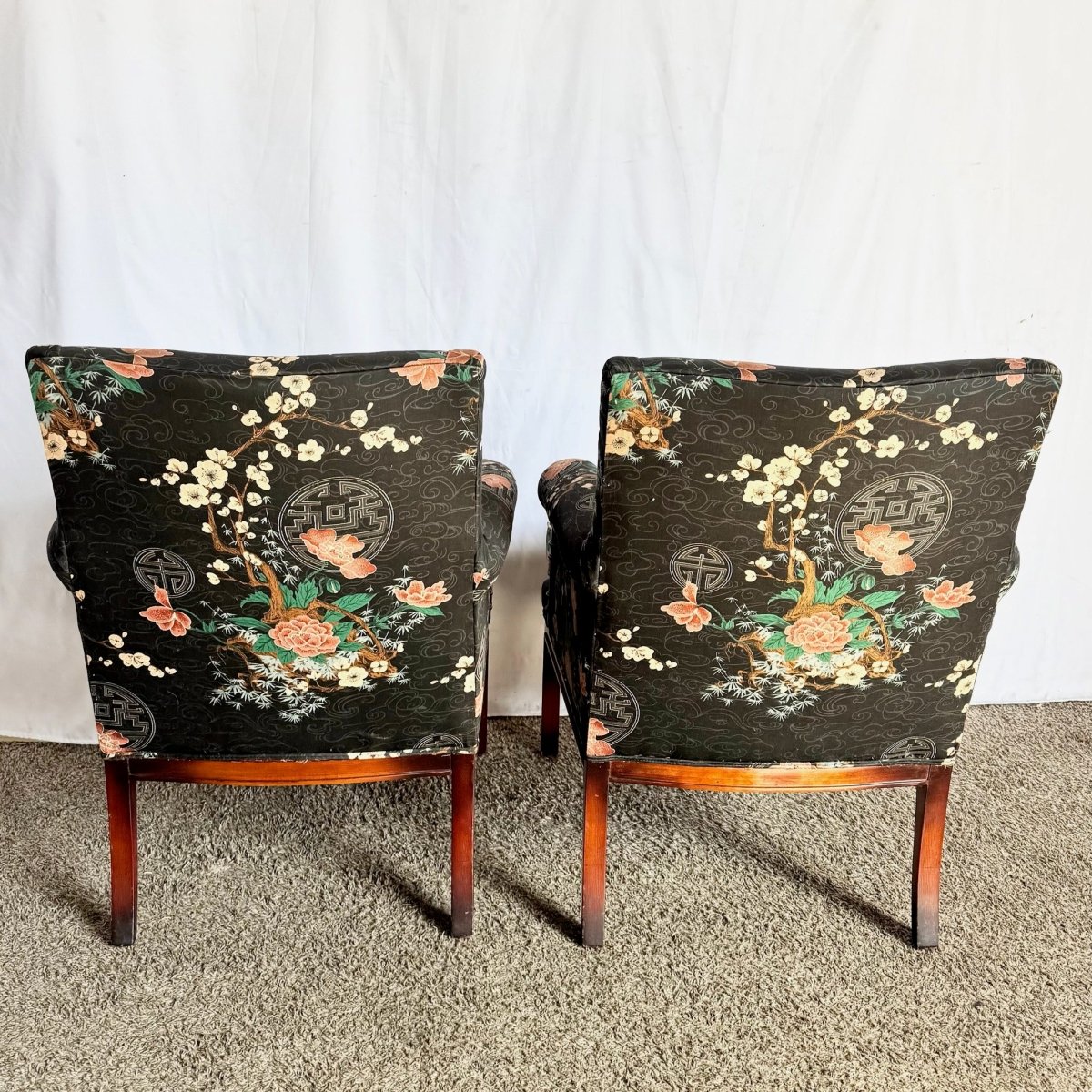 Chinoiserie Black Floral and Bird Print Lounge Chairs - A Pair - Dolphin & Flamingo